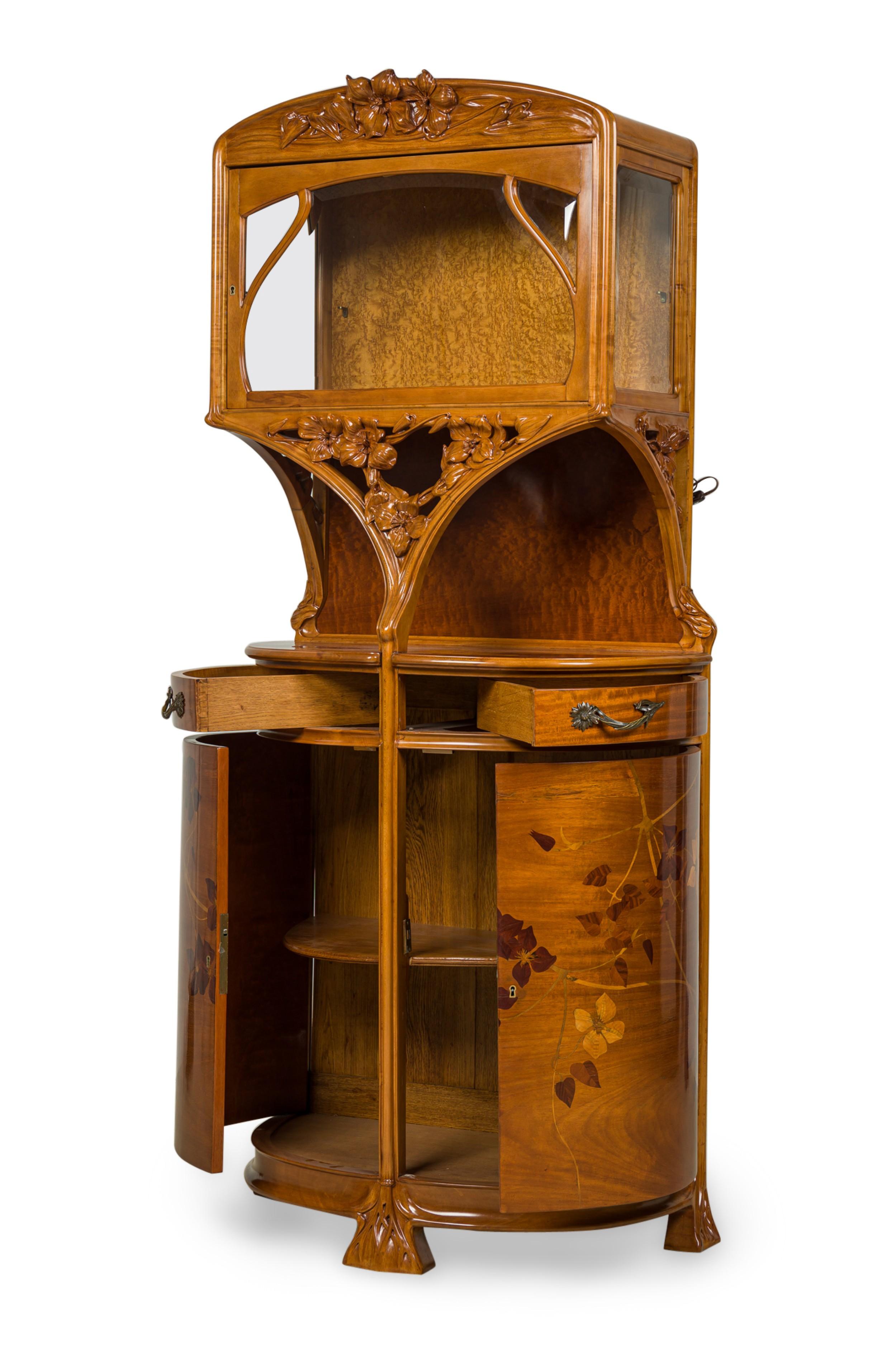 Wood Camille Gauthier French Art Nouveau Floral Marquetry Display Cabinet / Vitrine For Sale