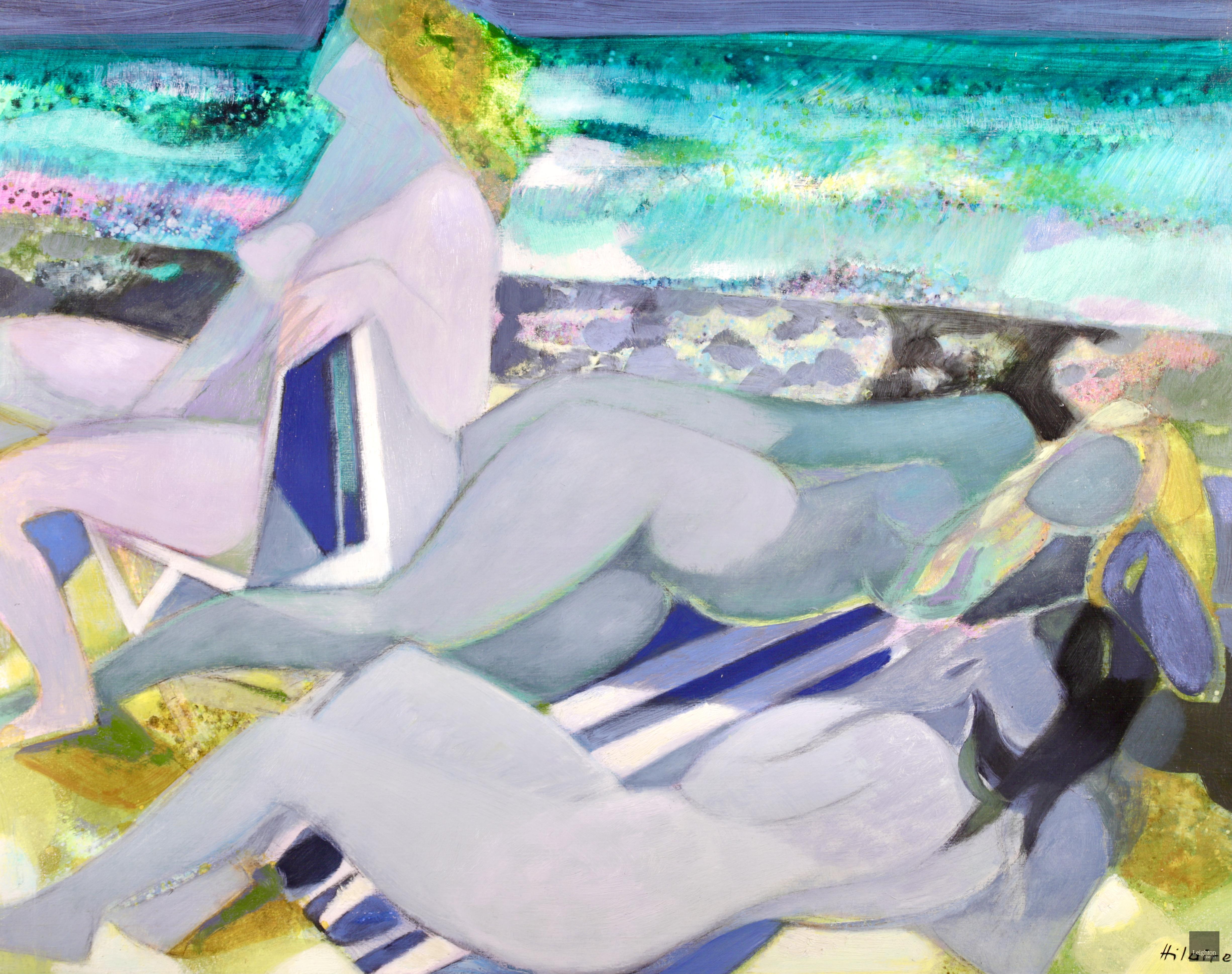 Signiertes Öl auf Leinwand mit Figuren in einer Landschaft des französischen kubistischen Malers Camile Hilaire. Das Werk zeigt drei nackte Badende - zwei blonde und eine brünette -, die auf dem gelben Sand eines Strandes in Trouville, Frankreich,