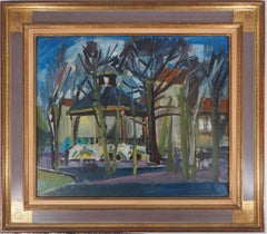 Vintage Bandstand in the Garden of a Castle - Original oil on canvas, Signed
