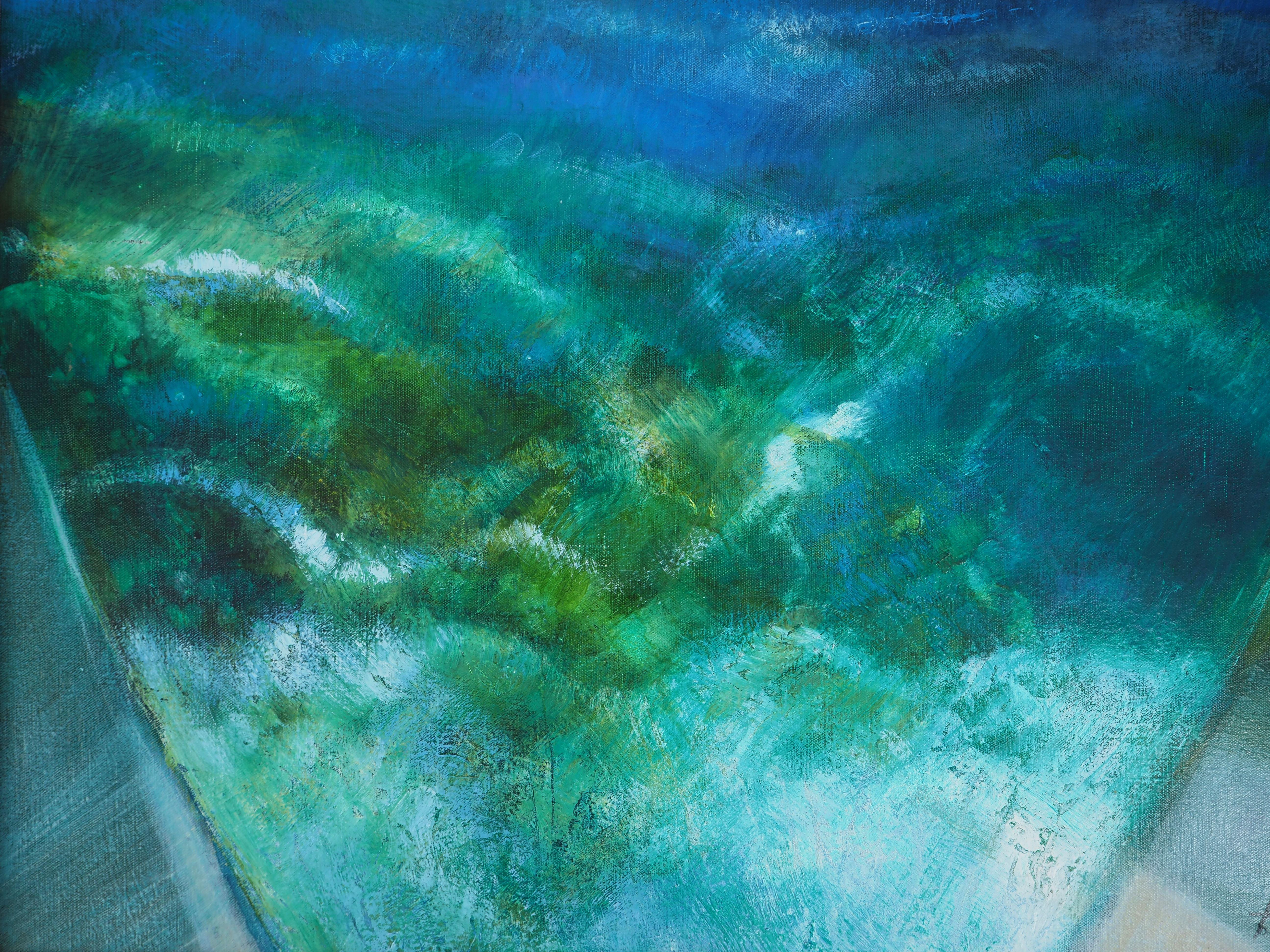 French  Riviera : Cove in the Mediterranean Sea - Original oil on canvas, Signed - Blue Landscape Painting by Camille Hilaire