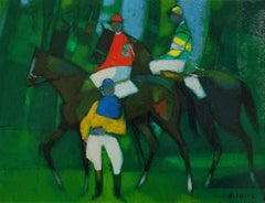 „Jockeys vor dem Rennen“, Camille Hilaire, Modernes französisches Gemälde von Pferden