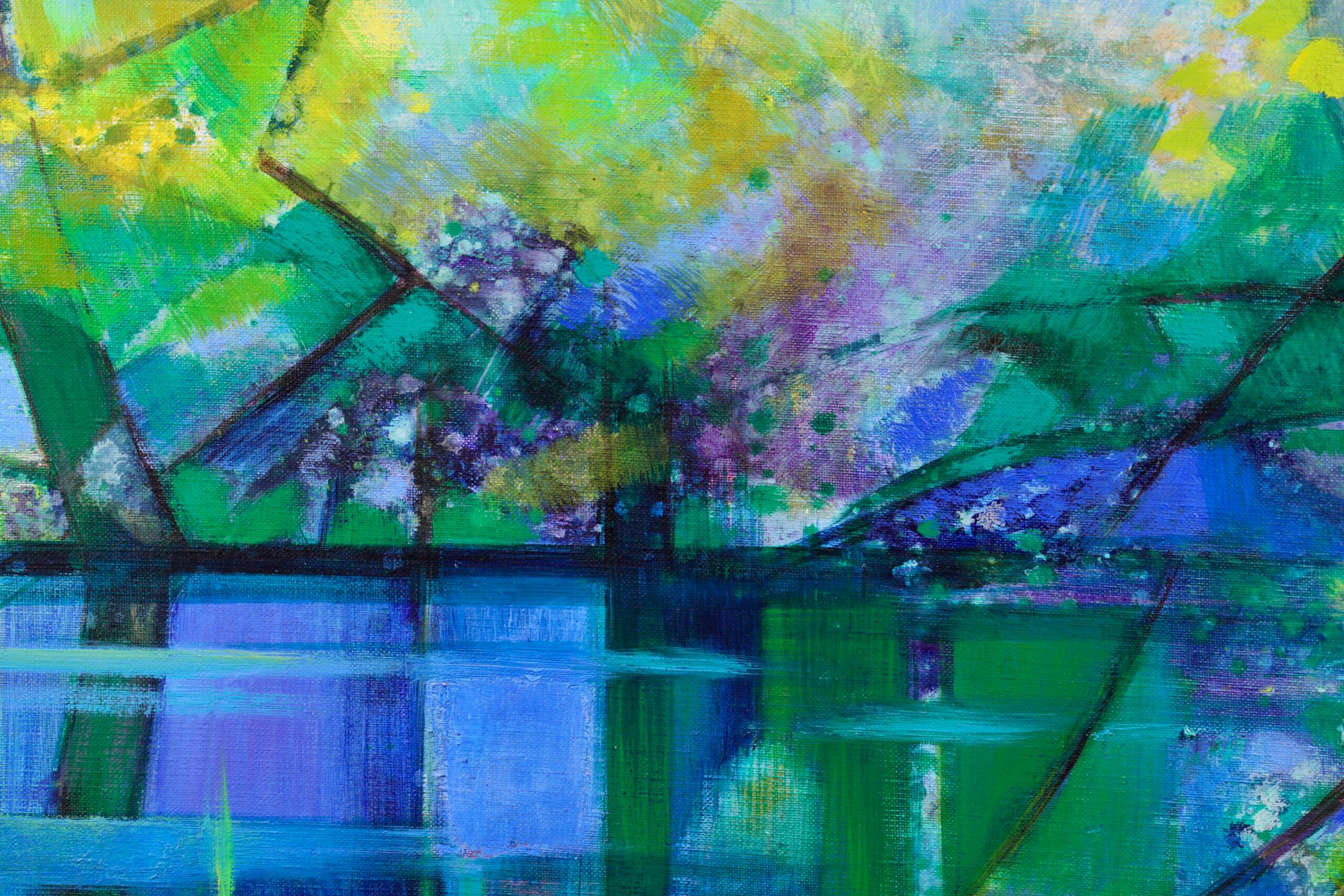 L'etang bleu – kubistische Landschaft, Ölgemälde von Camille Hilaire im Angebot 9
