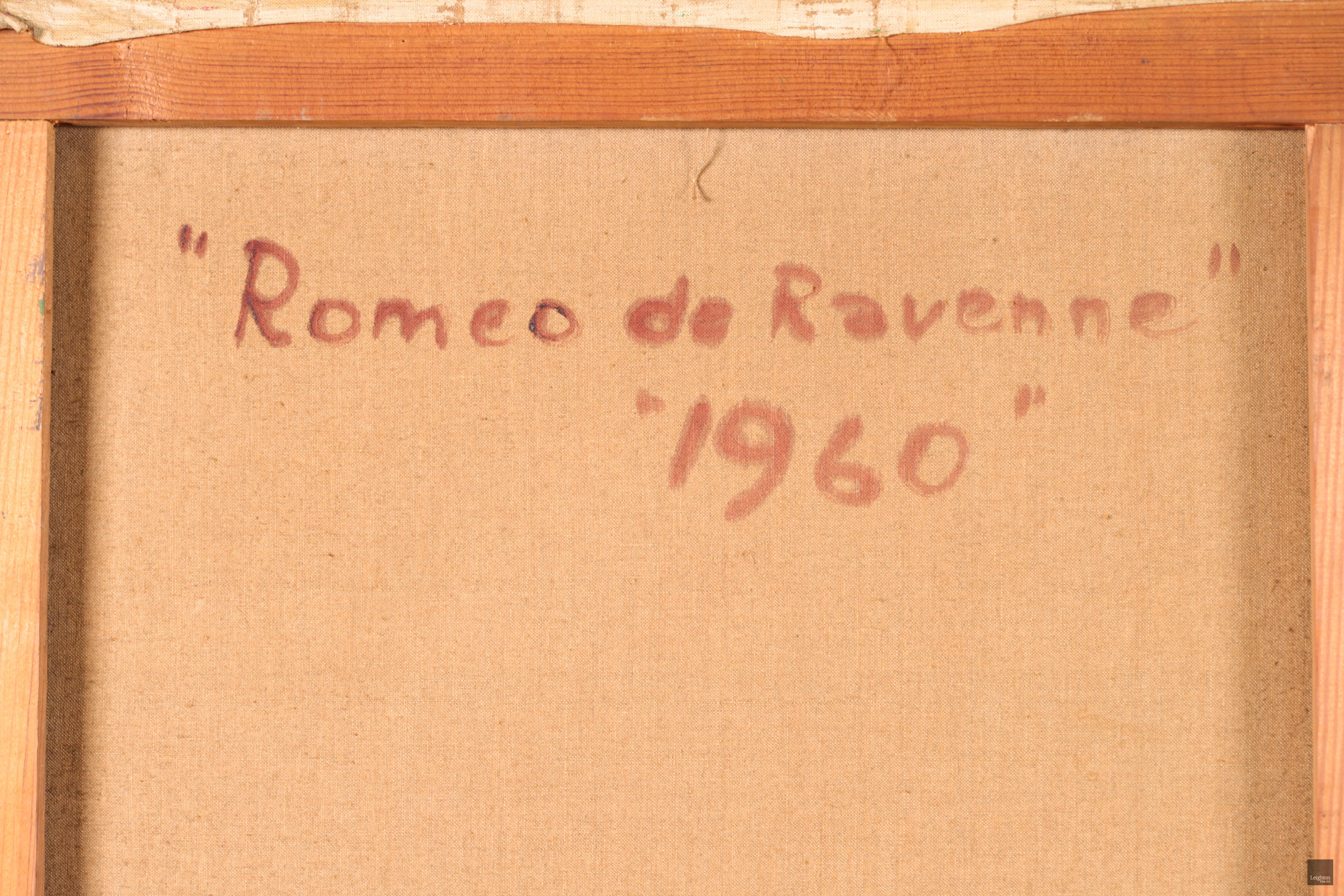 Romeo de Ravenne - Kubistisches Ölgemälde, Figur und Boot auf Landschaft von Camille Hilaire im Angebot 9