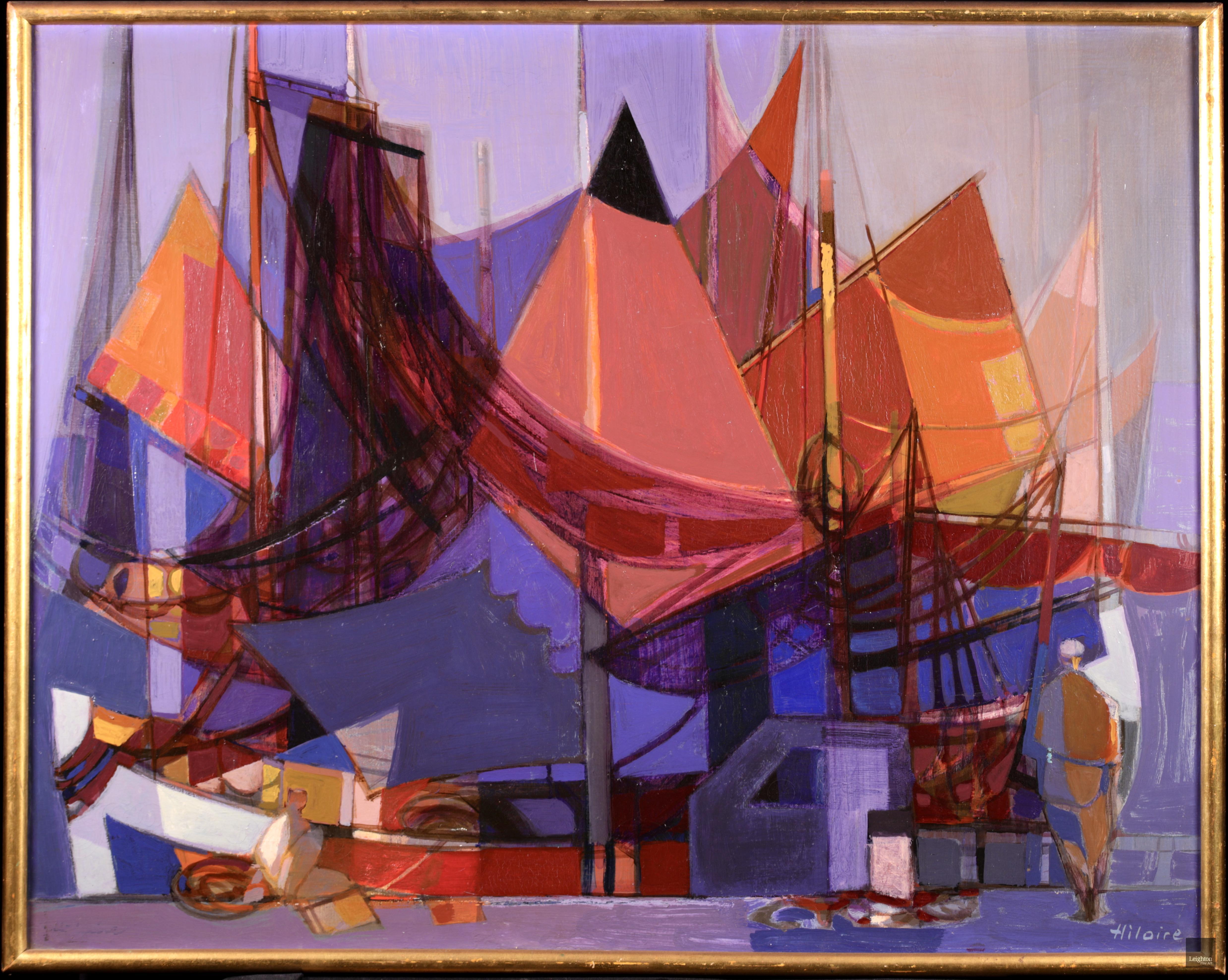 Romeo de Ravenne - Kubistisches Ölgemälde, Figur und Boot auf Landschaft von Camille Hilaire im Angebot 1