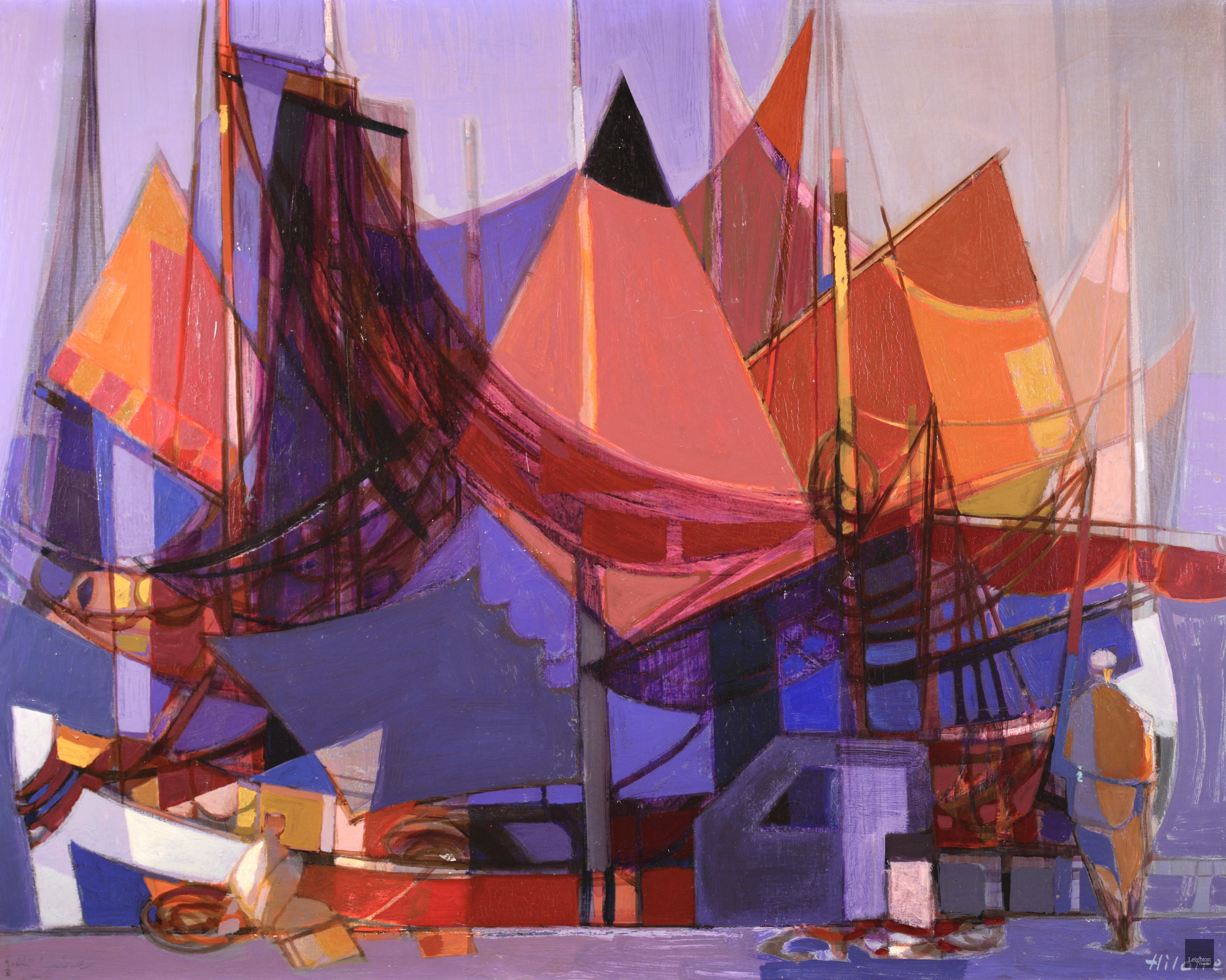 Signiert und betitelt Öl auf Leinwand von Französisch kubistischen Maler Camile Hilaire. Das Werk zeigt einen Mann in einem Hafen neben Booten in Rot-, Blau- und Orangetönen. Ein wunderschön gemaltes Werk im unverwechselbaren Stil des