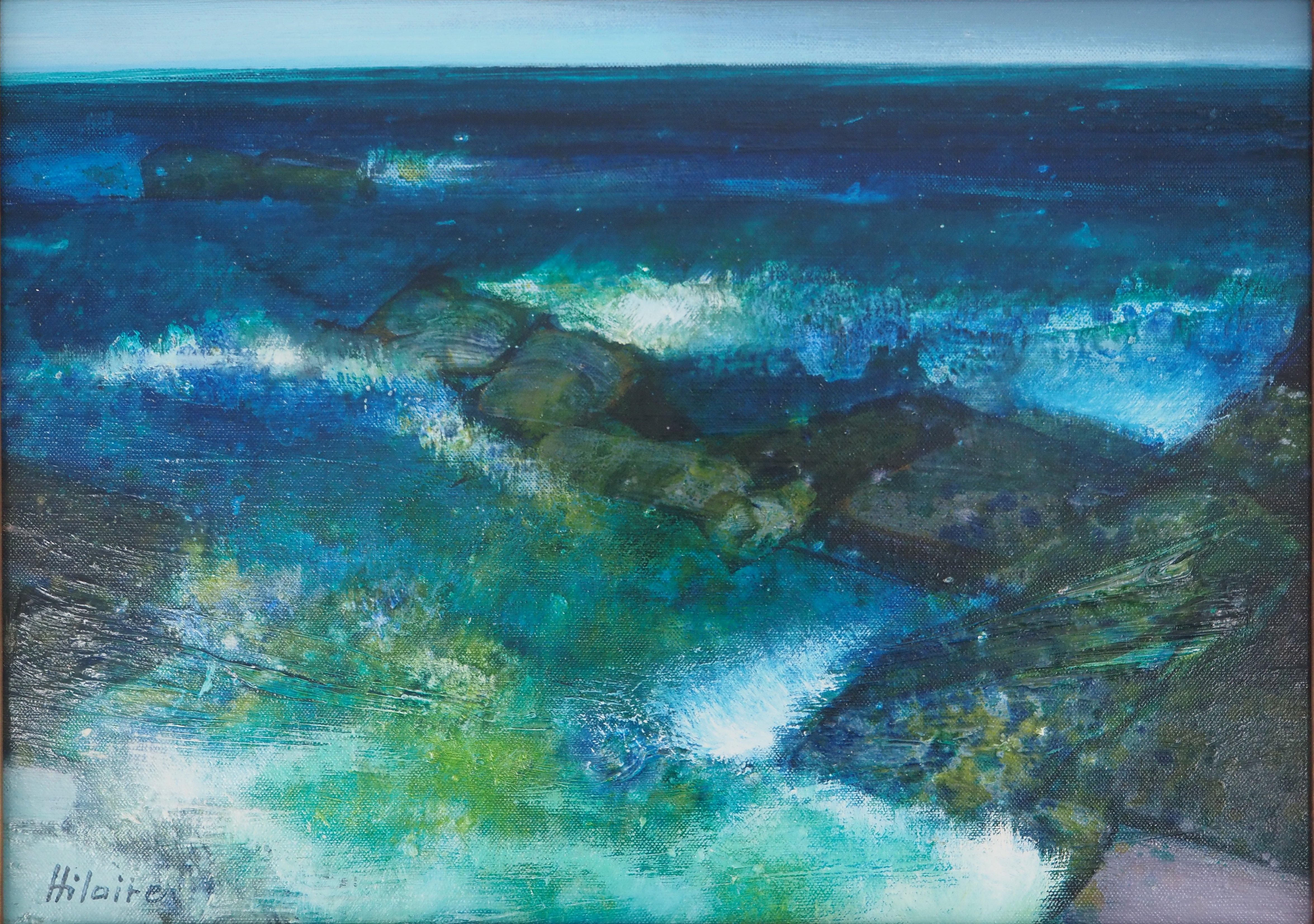 Seascape : Waves on the Coast Rocks - Original oil on canvas, Signed - Modern Painting by Camille Hilaire