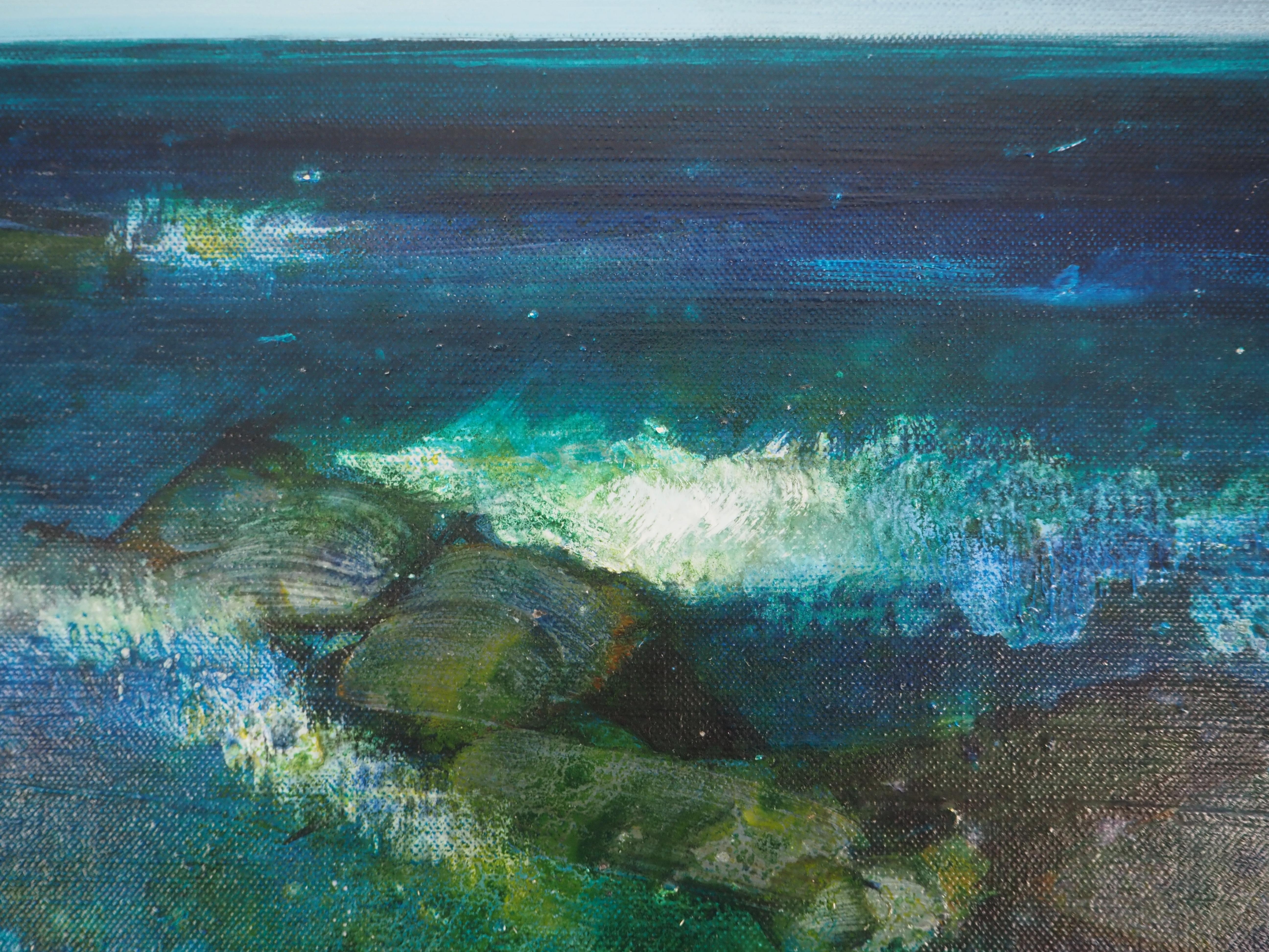 Seascape : Waves on the Coast Rocks - Original oil on canvas, Signed For Sale 4