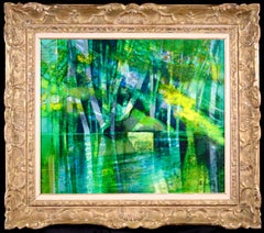 Vintage Vallee du Cousin - French Cubist Oil, Green River Landscape by Camille Hilaire