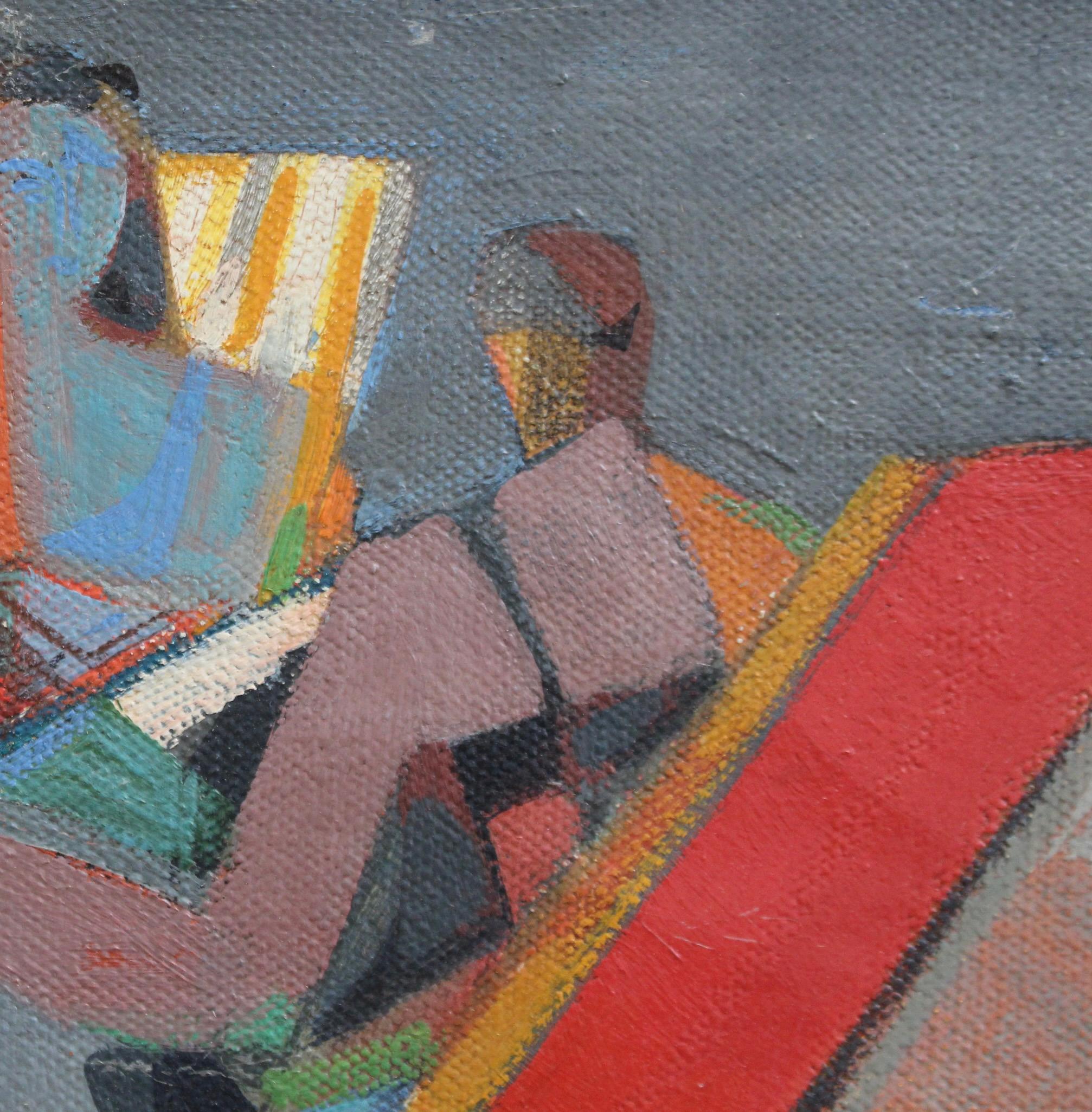 Women in Deckchairs - Brown Abstract Painting by Camille Hilaire