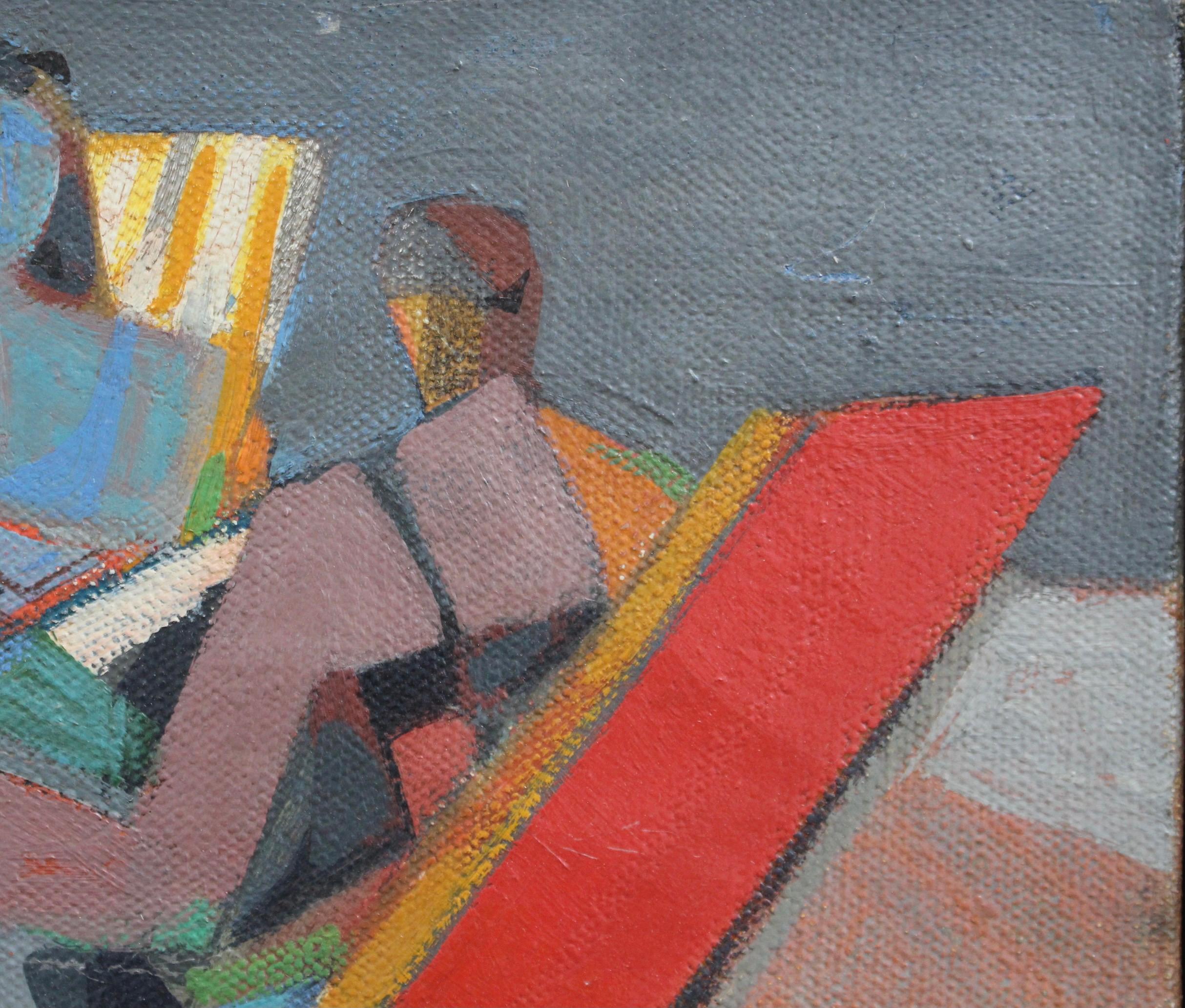 'Women in Deckchairs', oil on canvas, by Camille Hilaire (circa 1960s). Folding wooden chairs with woven or cane seats and backs, of the type now known in the UK as 