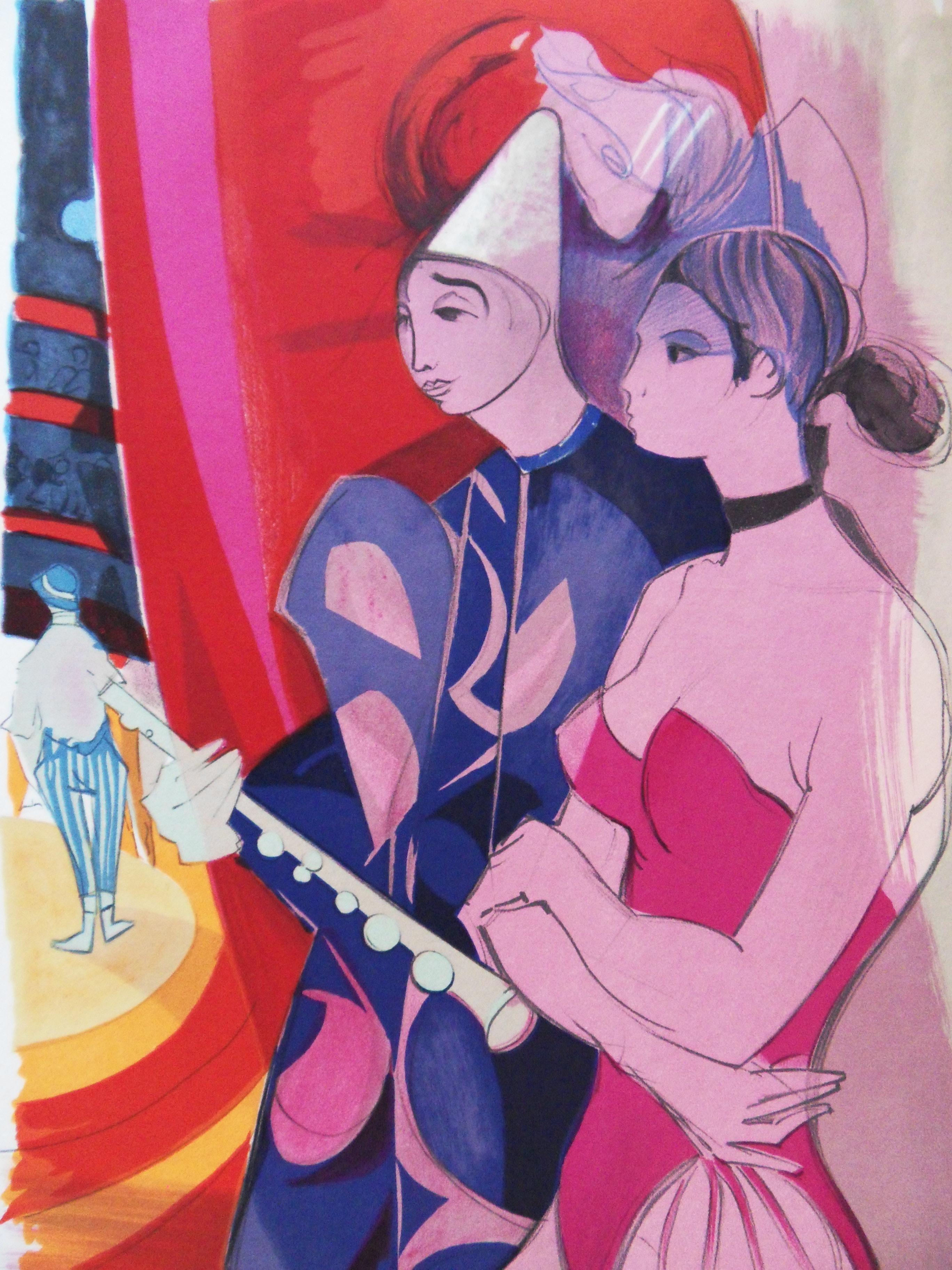 Circus : Pierrot Clown and Acrobat - Original handsigned lithograph - Print by Camille Hilaire