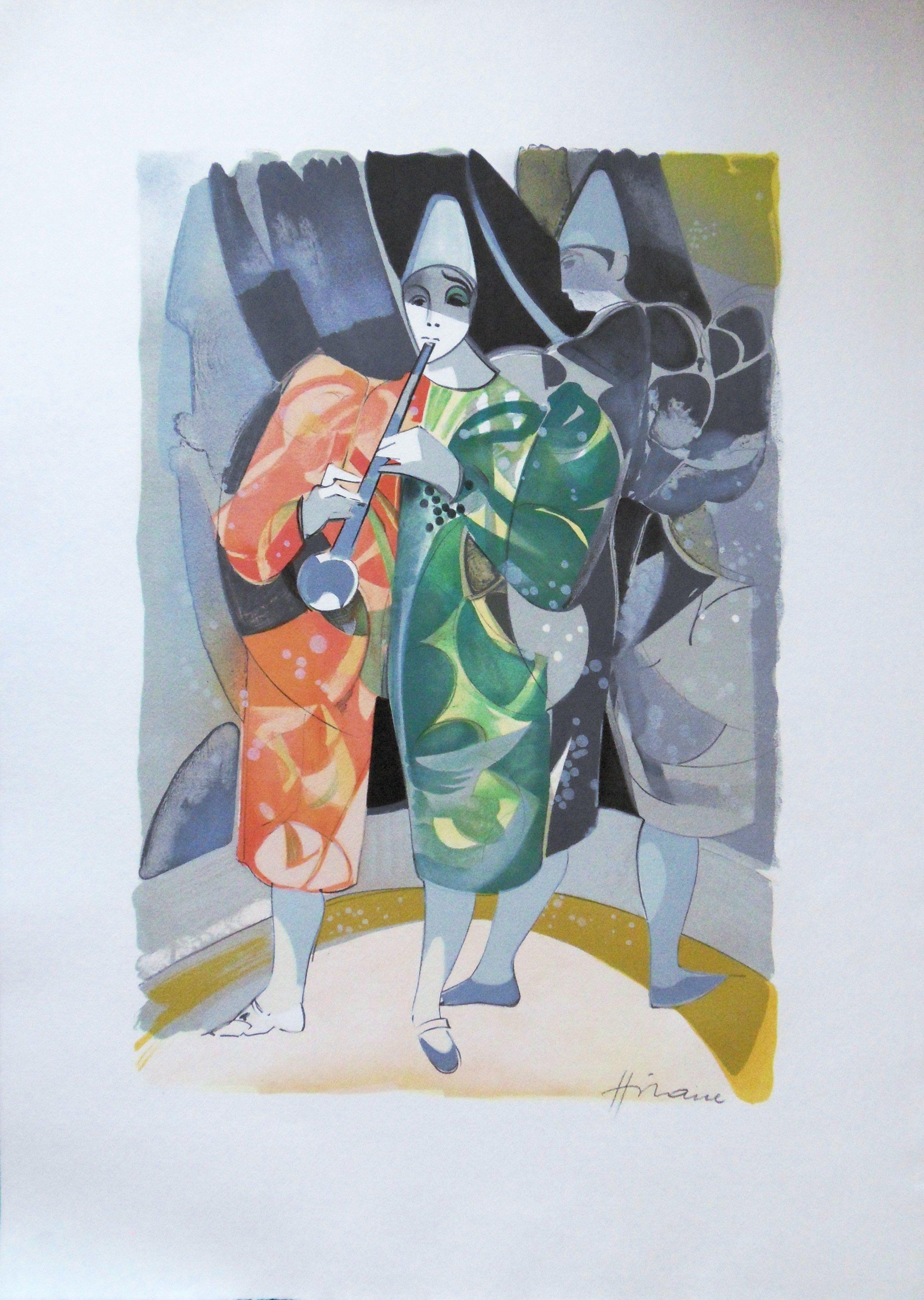 Camille Hilaire Figurative Print - Circus : The Musician Clown - Original handsigned lithograph