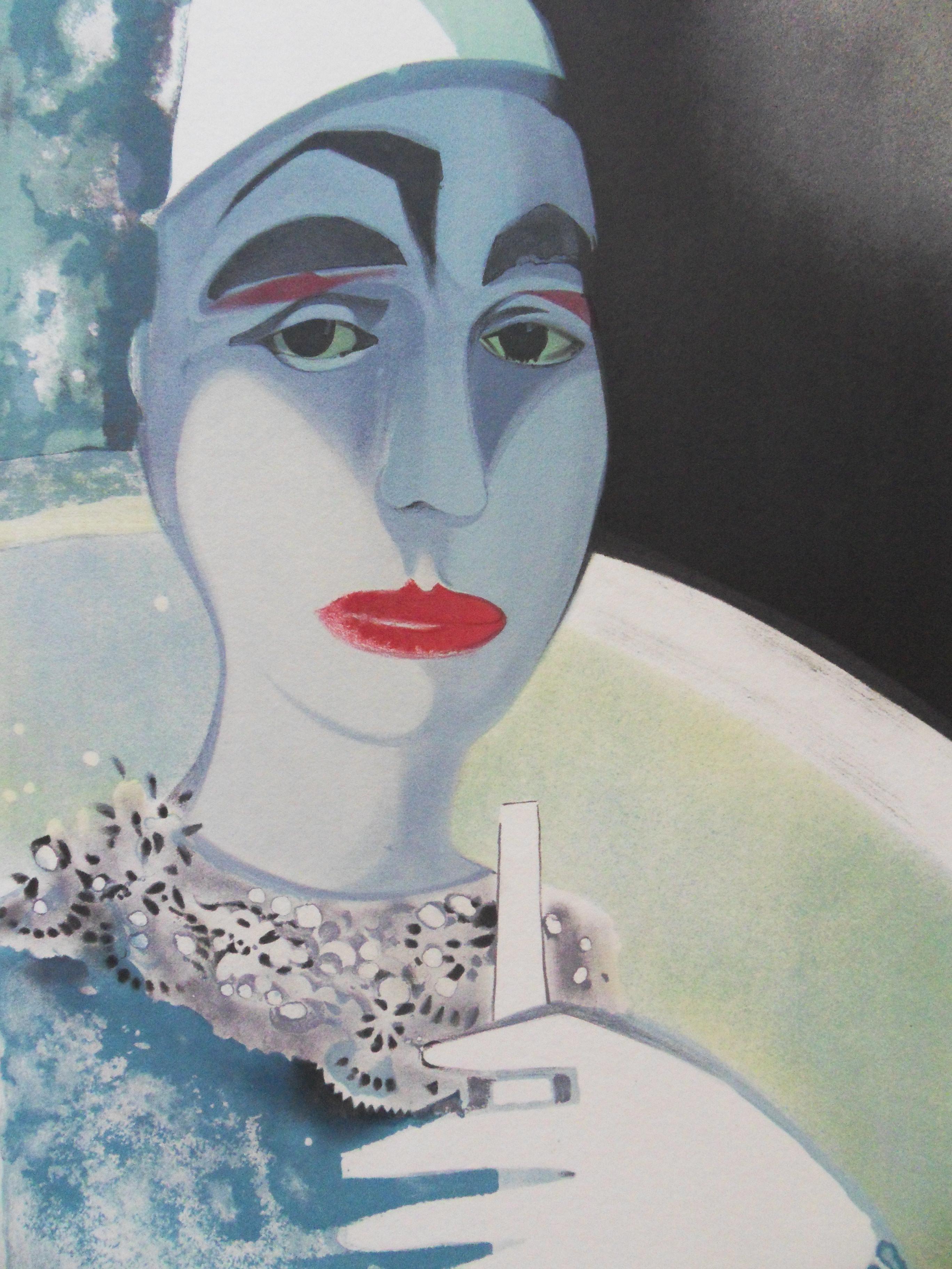 Circus : The White Clown - Original handsigned lithograph - Blue Figurative Print by Camille Hilaire