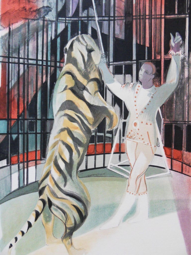 Circus : Tiger on Scene - Original handsigned lithograph - Print by Camille Hilaire