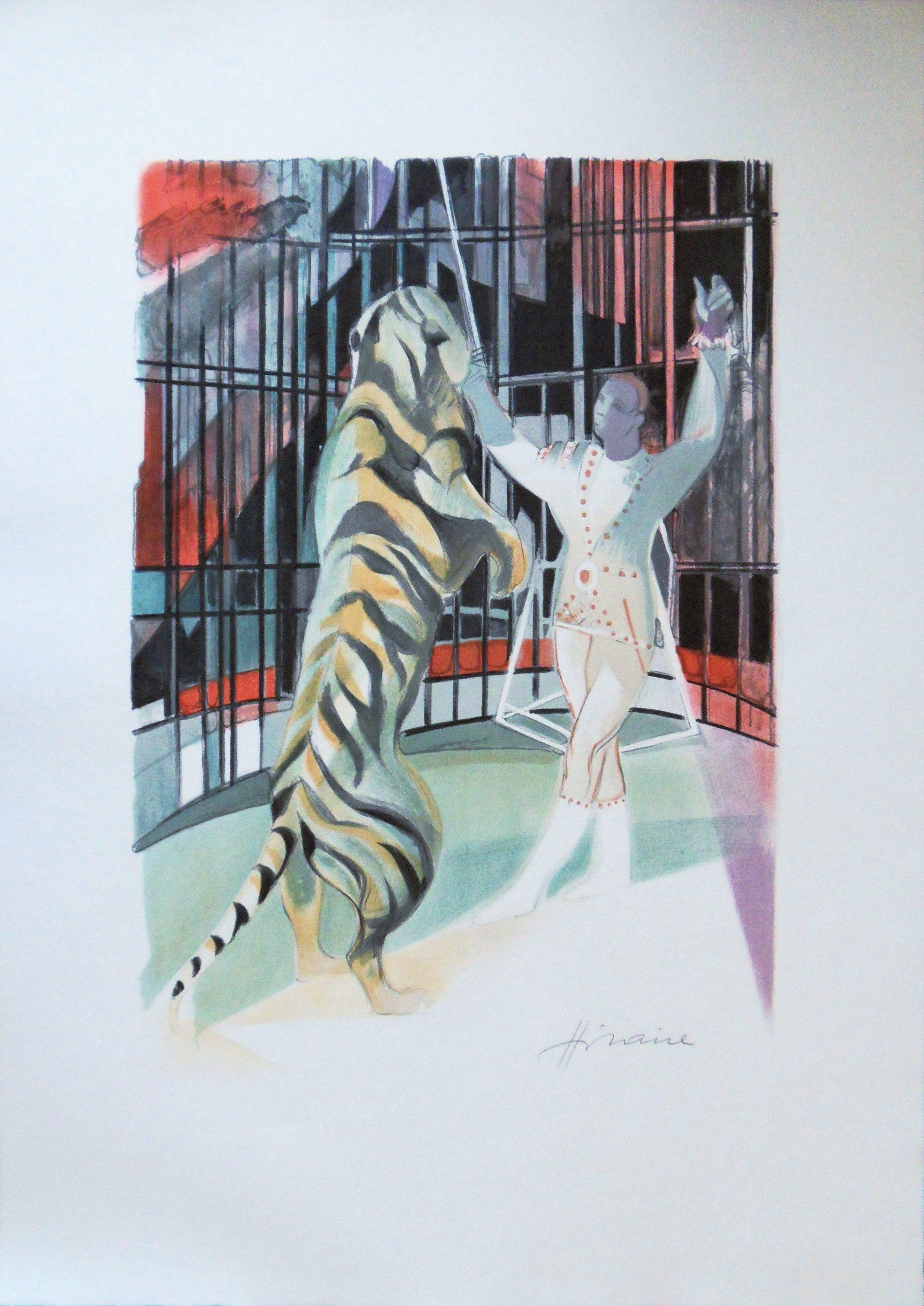 Camille Hilaire Animal Print - Circus : Tiger on Scene - Original handsigned lithograph