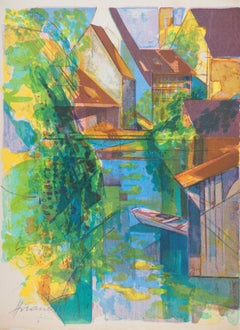 Rivers in France, Canal near Traditional Houses - Original handsigned lithograph