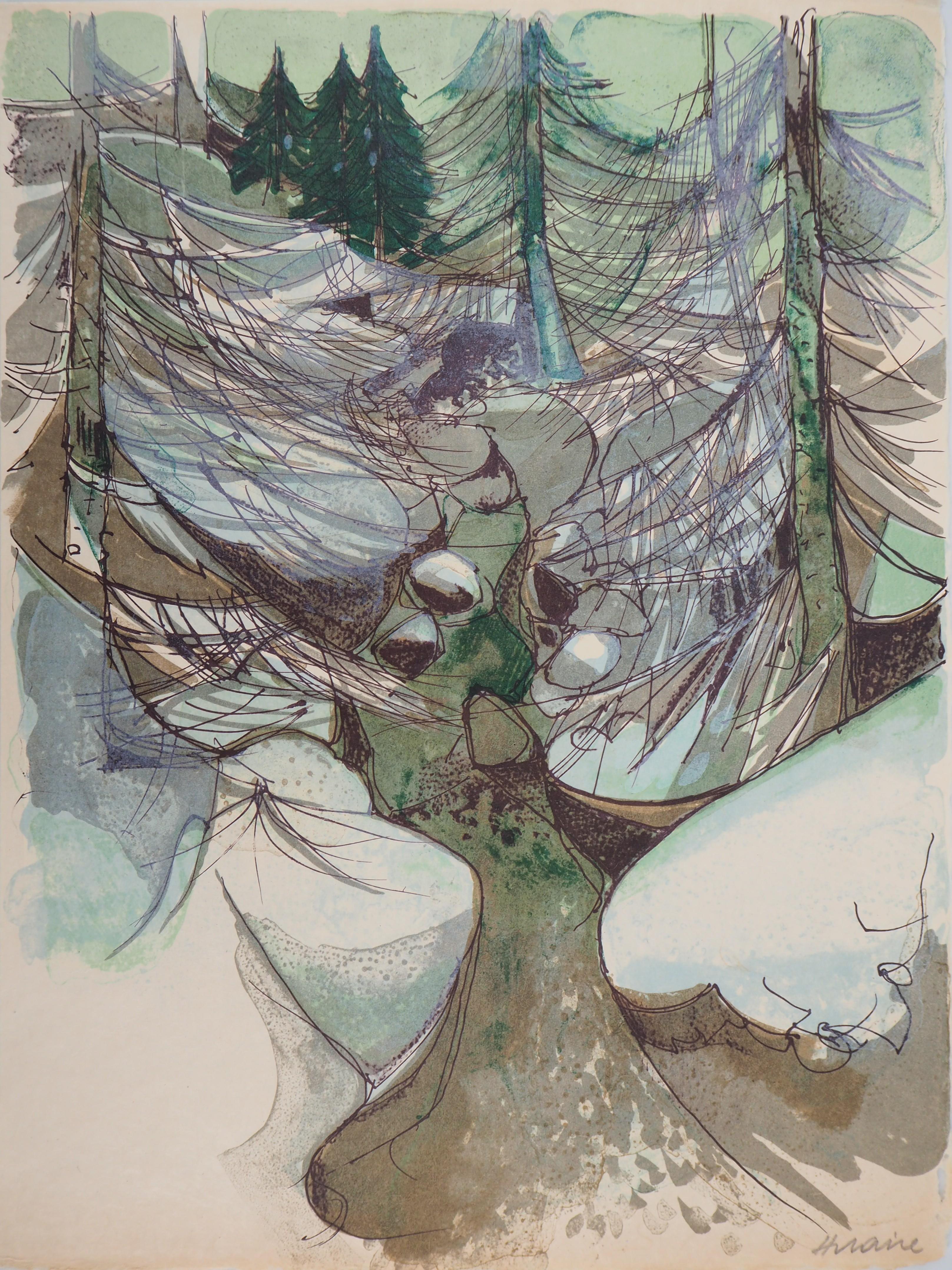 Camille Hilaire Landscape Print – Rivers in France : Mountain Torrent in Winter - Original handsignierte Lithographie