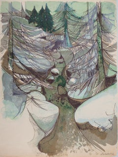 Rivers in France : Mountain Torrent in Winter - Original handsigned lithograph