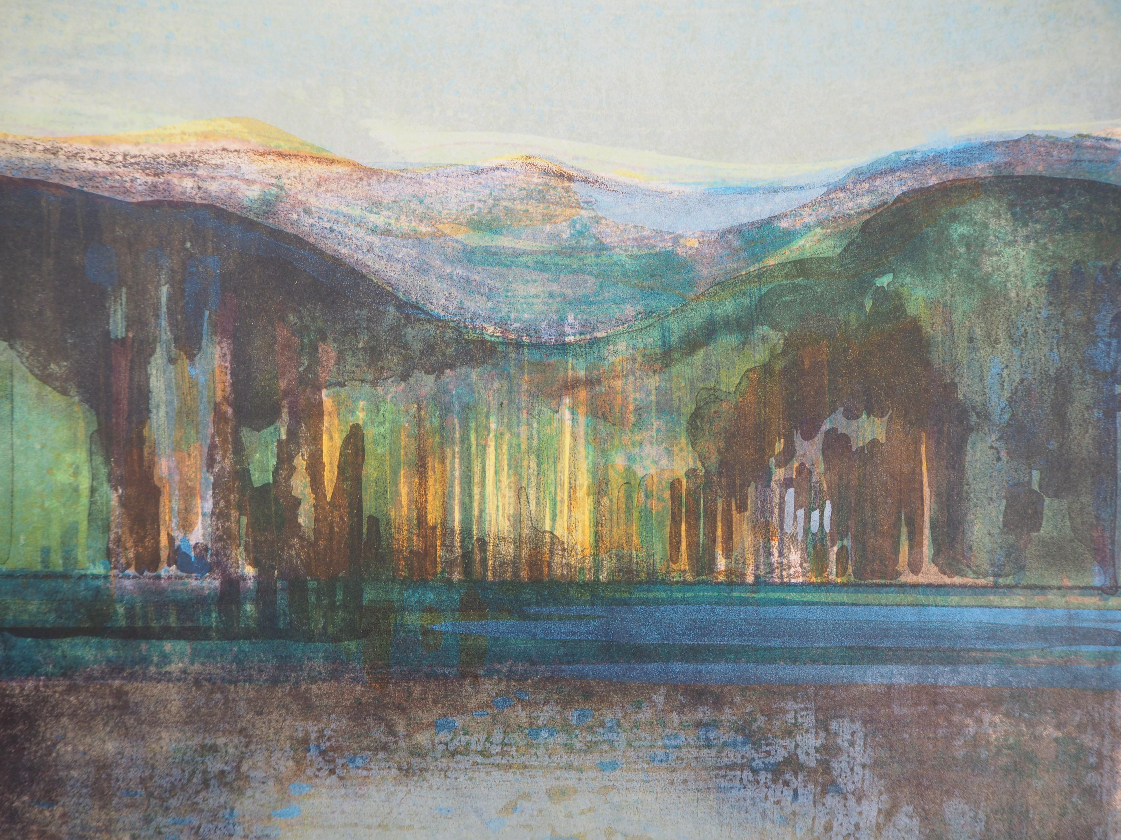 Rivers in France : Sunset on the Lake - Original handsigned lithograph - Modern Print by Camille Hilaire