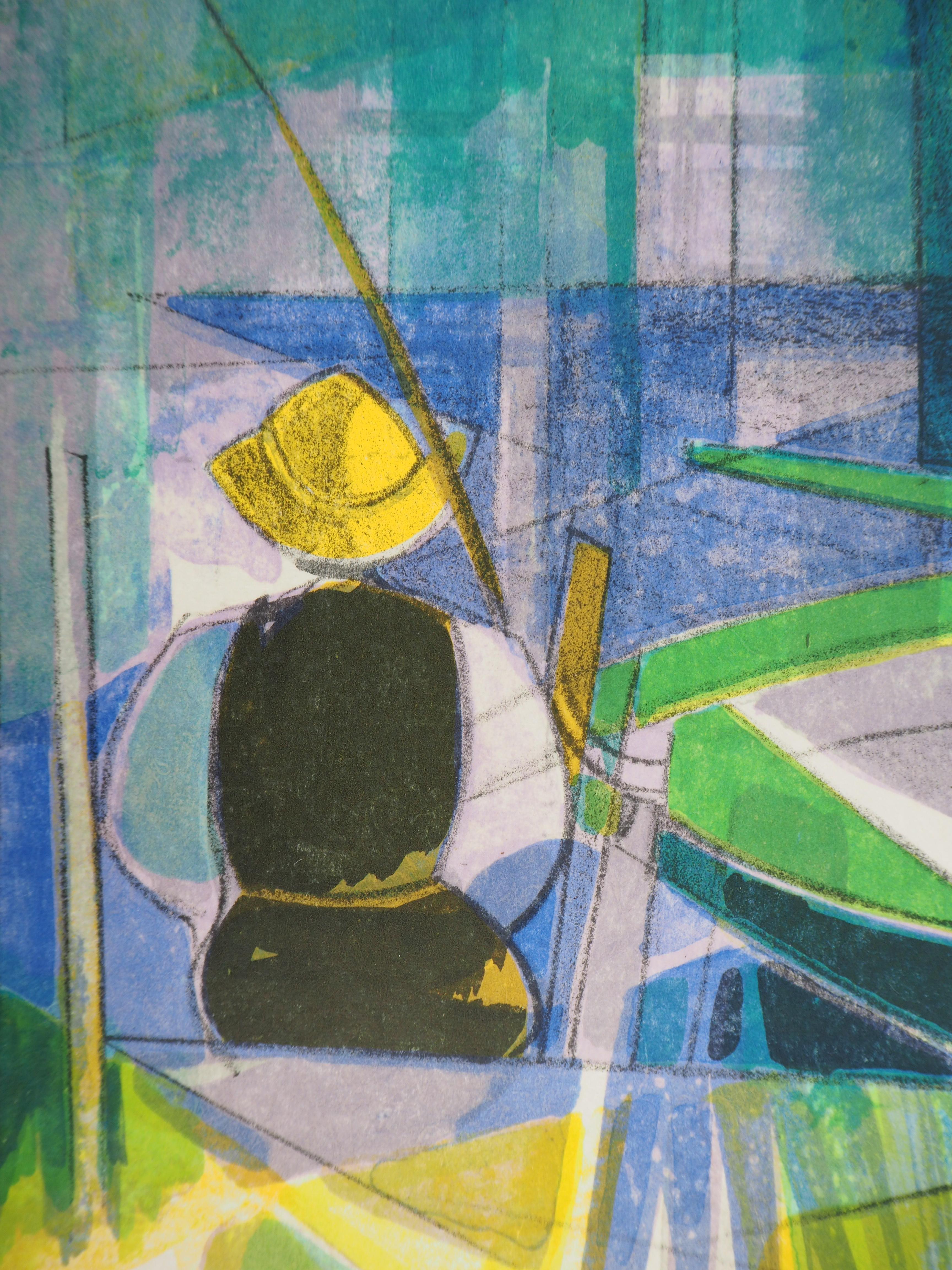 Rivers in France : The Fisherman - Original handsigned lithograph - Modern Print by Camille Hilaire