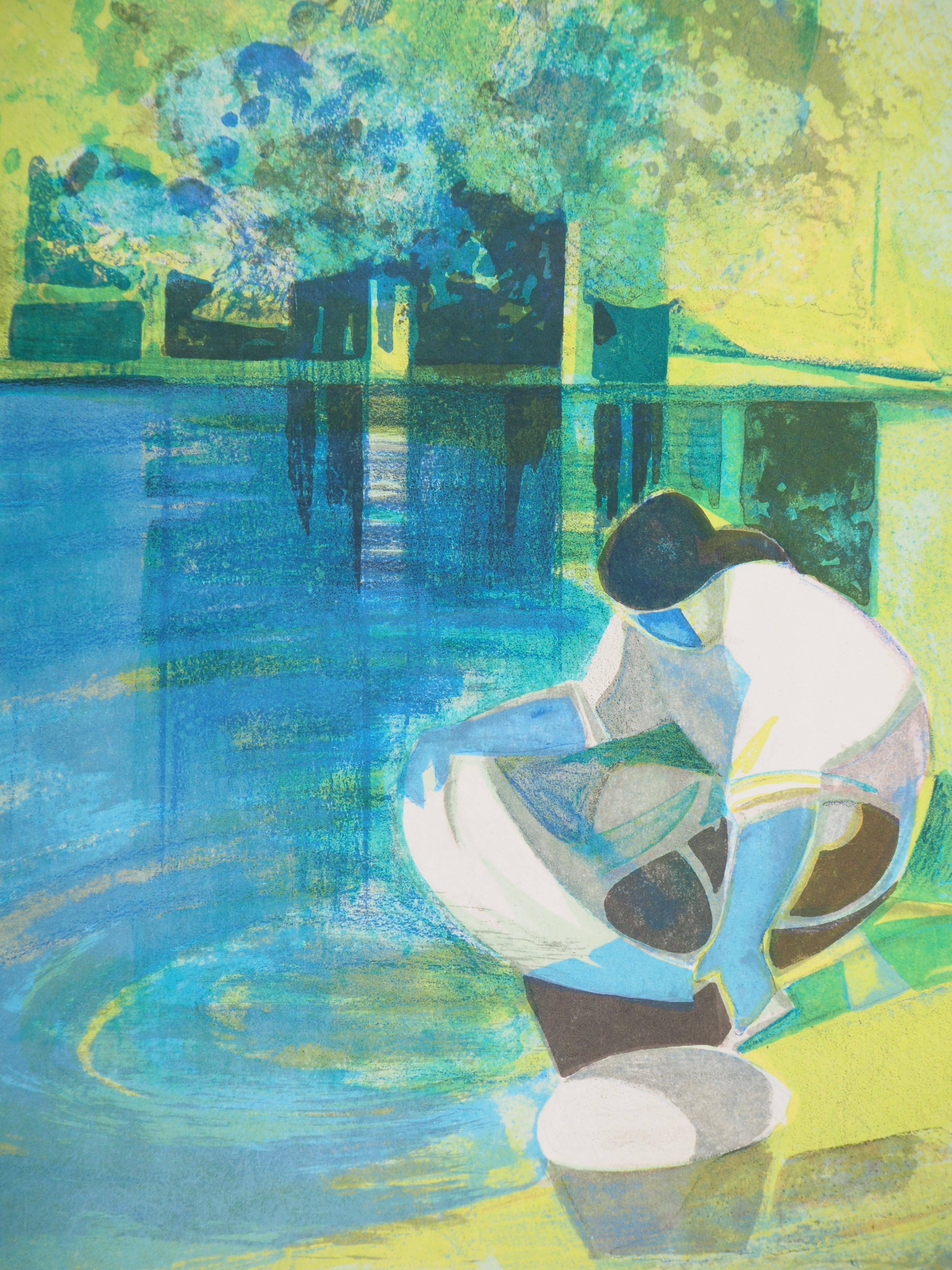 Rivers in France : The Washerwoman - Original handsigned lithograph - Modern Print by Camille Hilaire