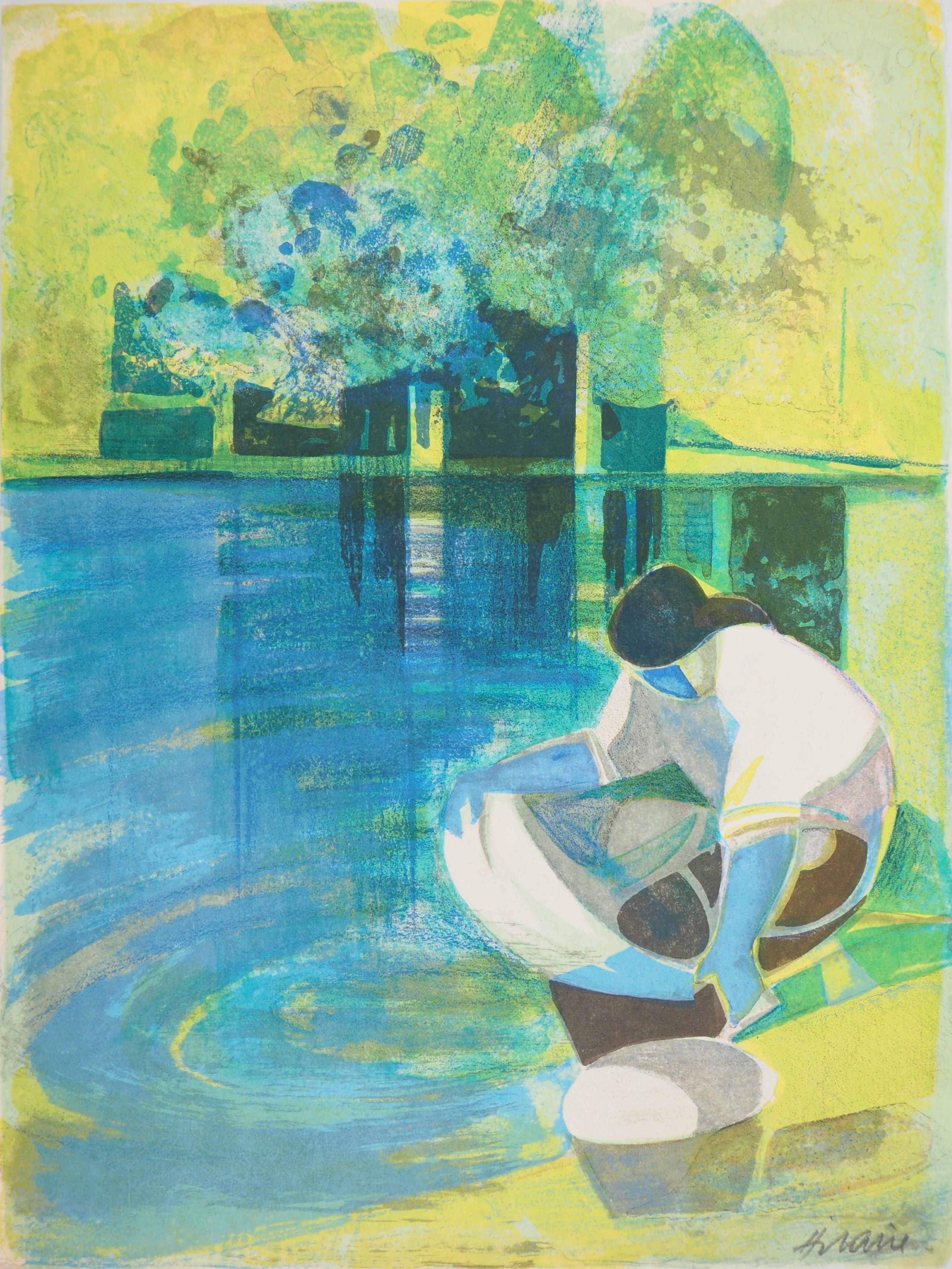 Rivers in France : The Washerwoman - Original handsigned lithograph