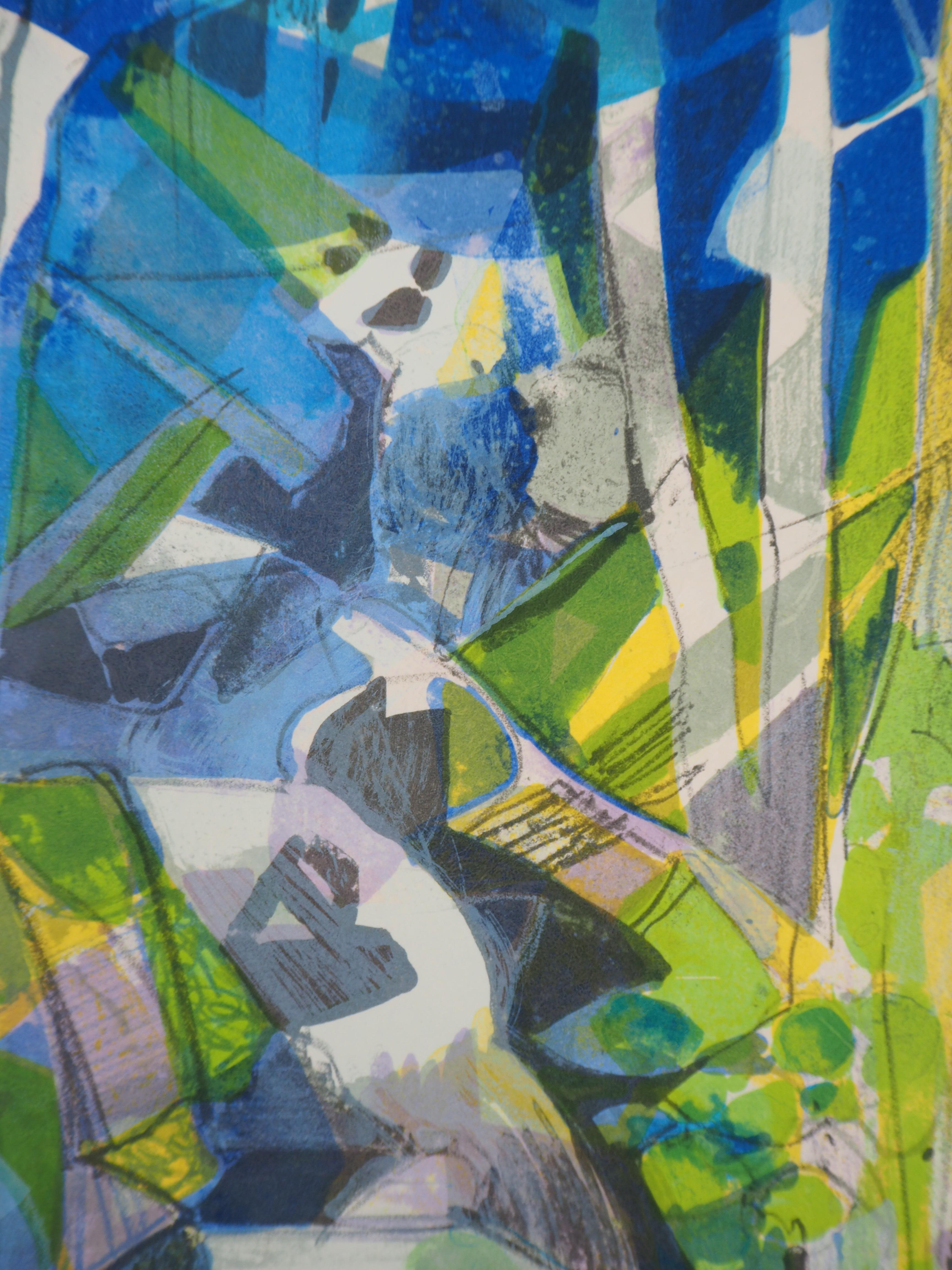 Rivers in France : Torrent in the Woods – Original handsignierte Lithographie (Blau), Landscape Print, von Camille Hilaire