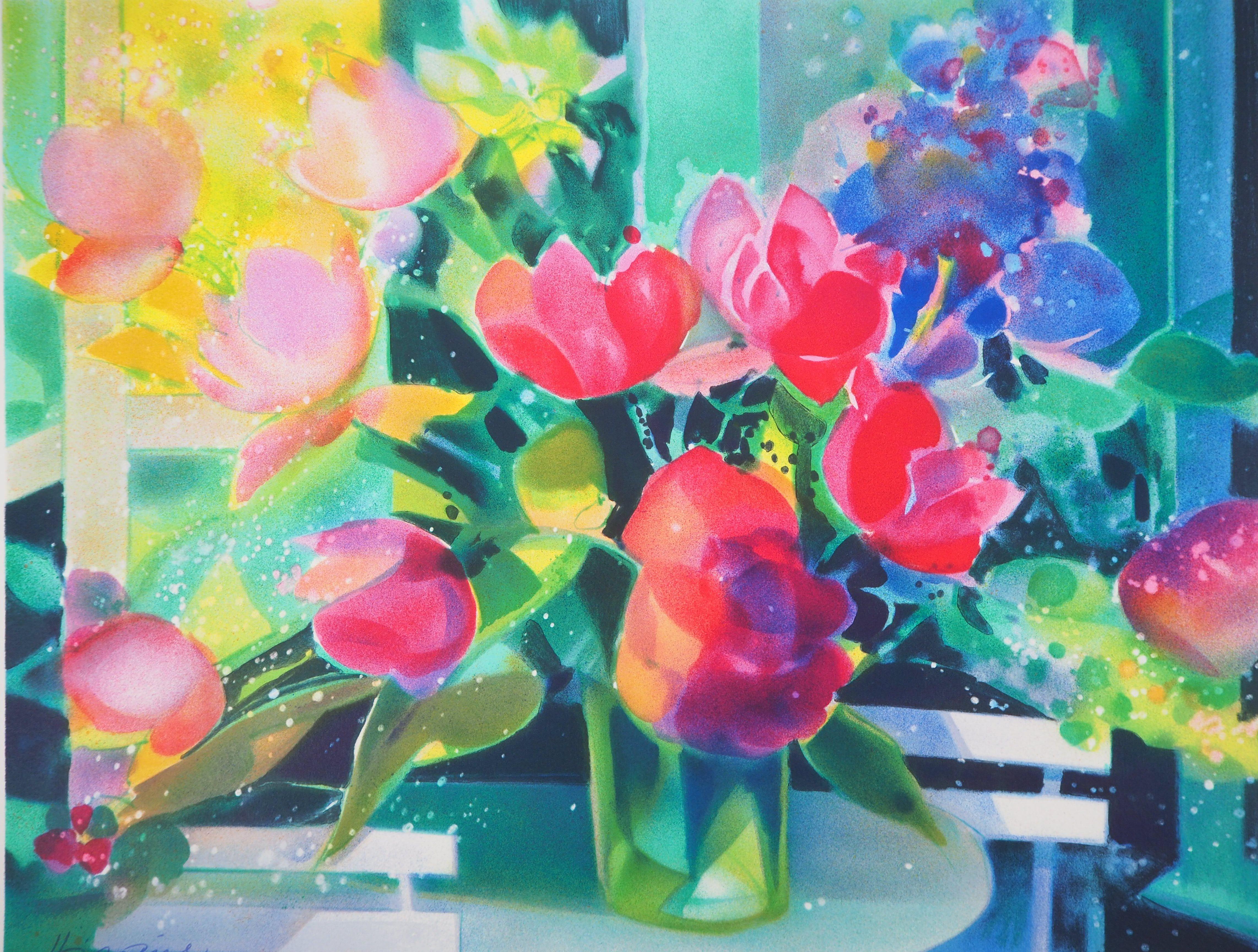 Shining Bouquet of Tulips - Original lithograph - Print by Camille Hilaire