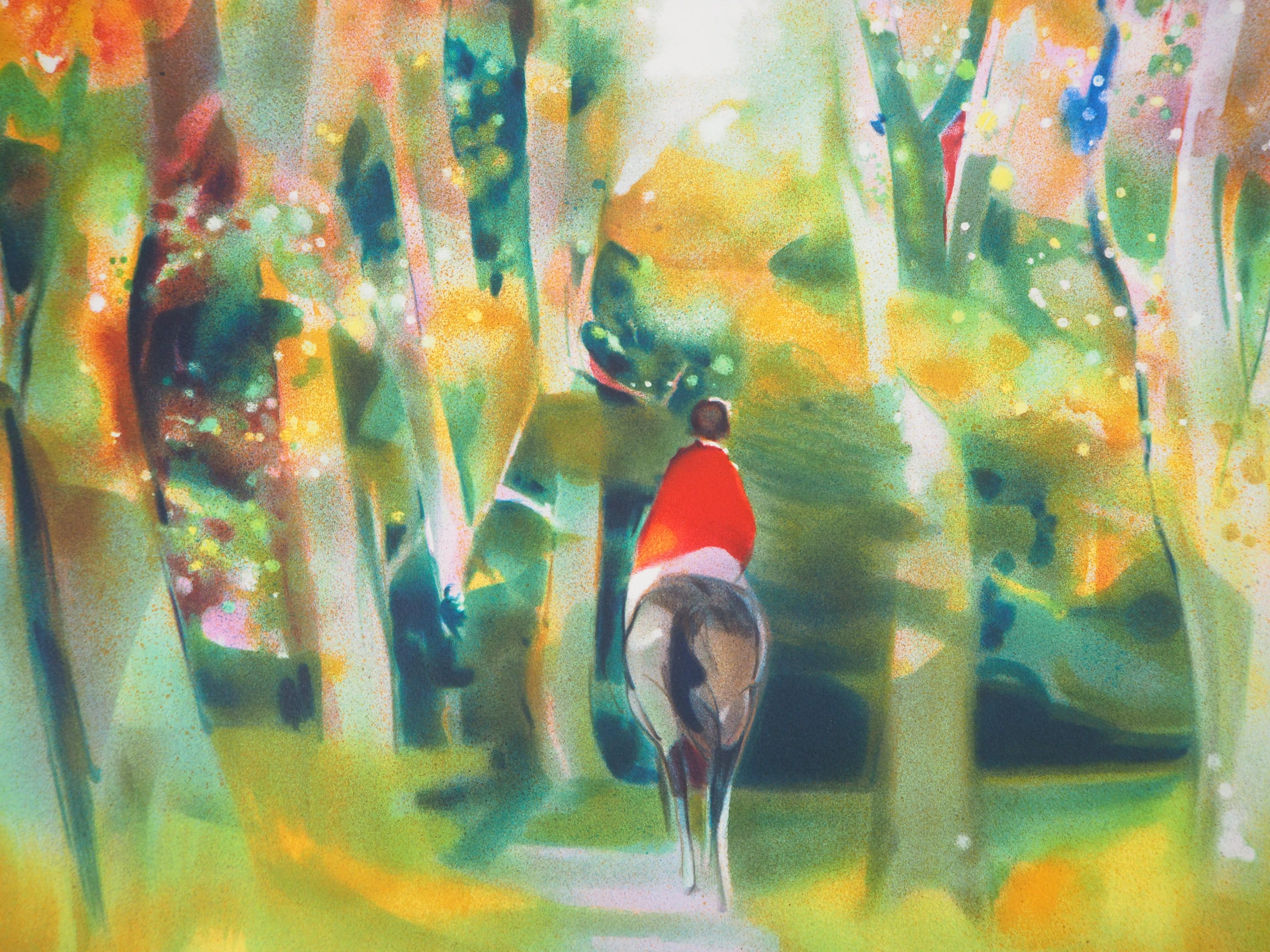 Le printemps : Cheval dans la forêt  - Lithographie d'origine - Beige Landscape Print par Camille Hilaire