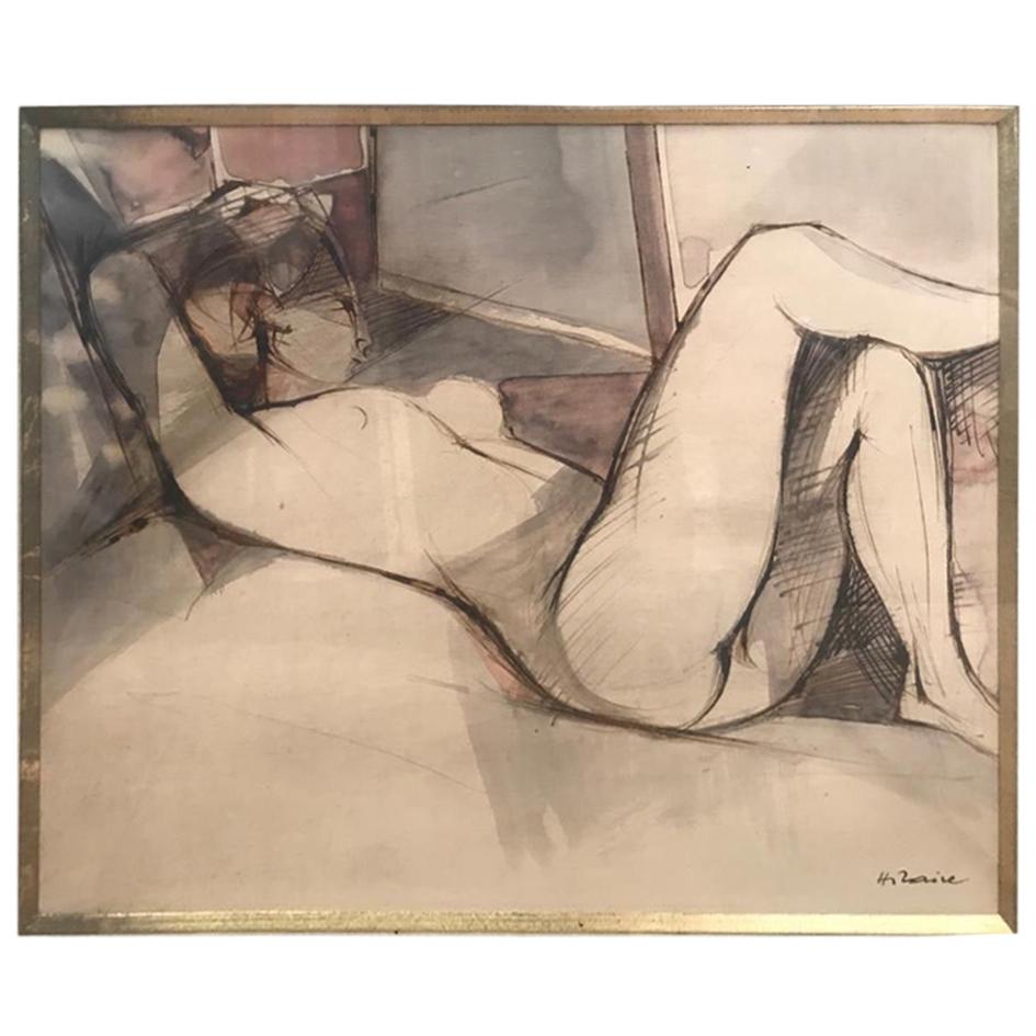 Camille Hilaire Signed "Naked Woman" Watercolour And Pencil On Paper, 1972 For Sale