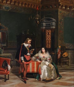 'A Gentleman Reading to a Lady in an Interior'. Antique painting Roqueplan