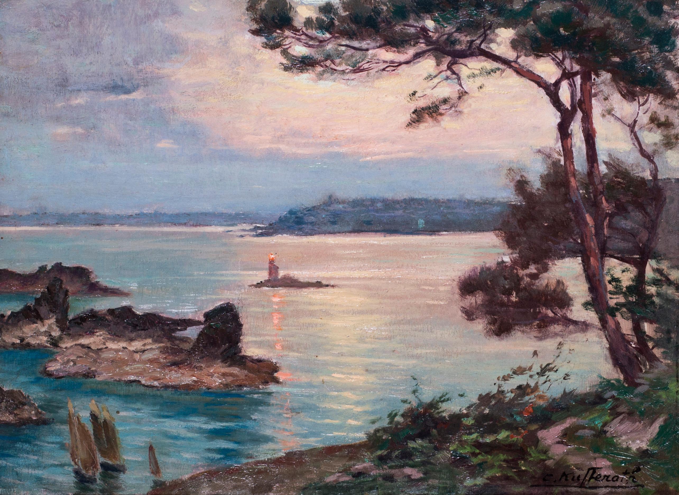 Moonlight over the bay, the South of France - Painting by Camille Kufferath