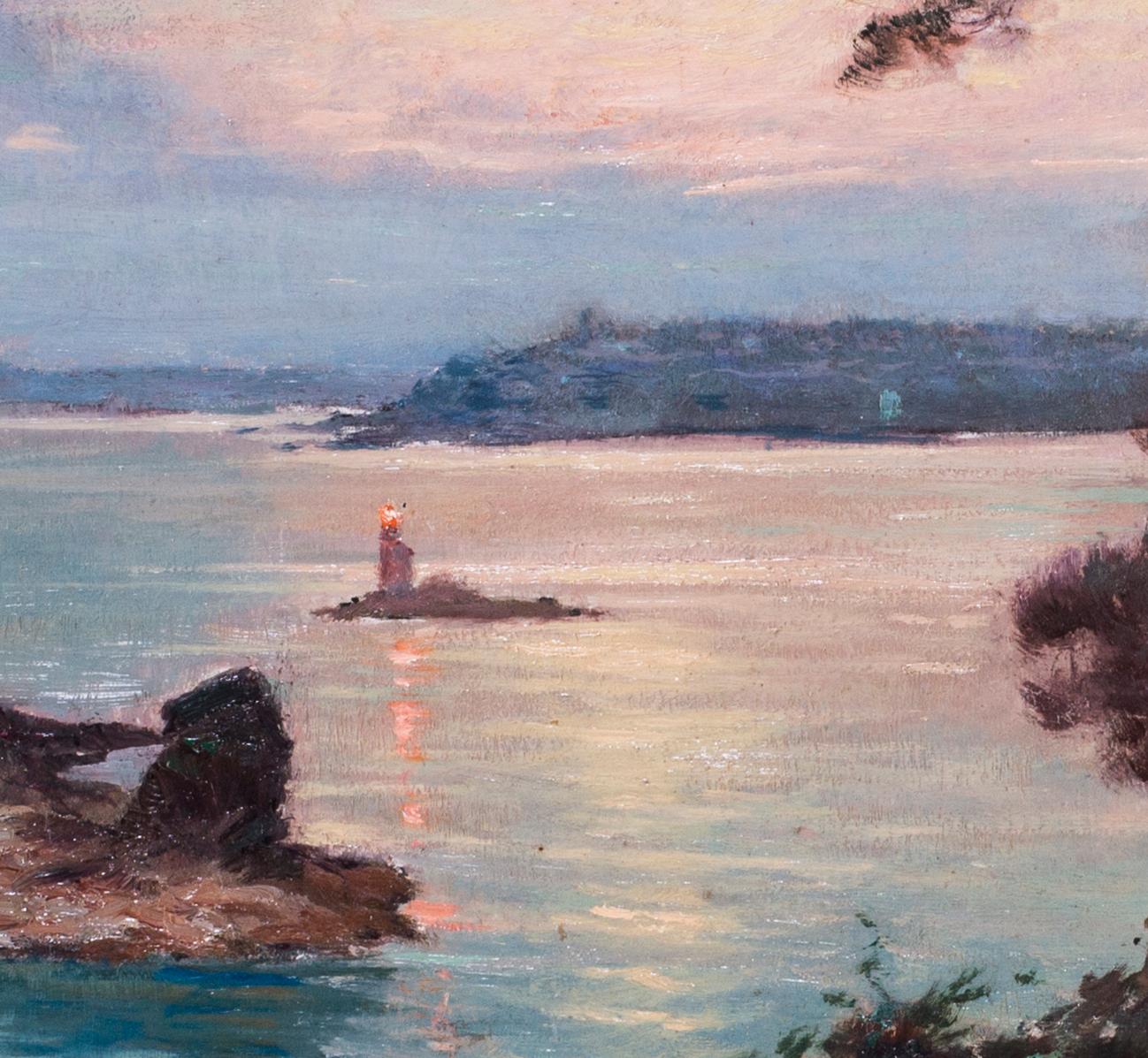 Moonlight over the bay, the South of France - Gray Landscape Painting by Camille Kufferath