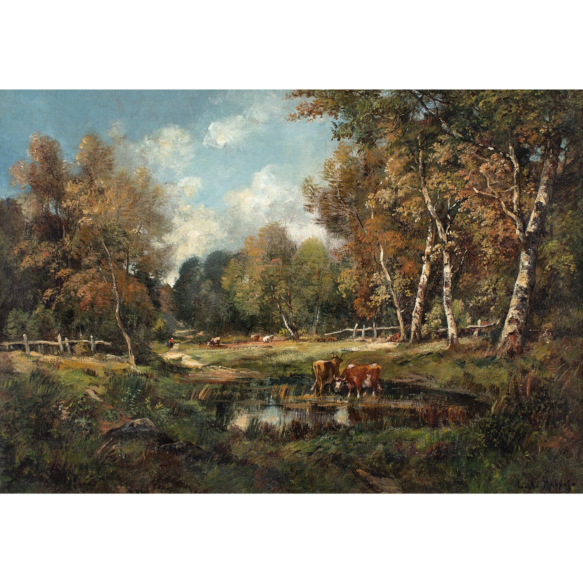 This late 19th-century oil painting by French artist Camille Magnus (1853-1894) depicts a picturesque forest landscape with cattle taking water at a pond. Towering birch trees guide the eye towards a distant wandering figure.

Camille Magnus