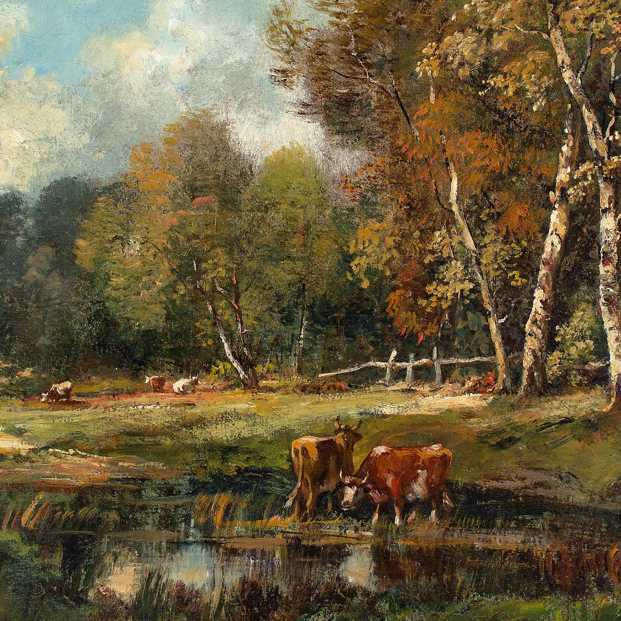 This late 19th-century oil painting by French artist Camille Magnus (1853-1894) depicts a picturesque forest landscape with cattle taking water at a pond. Towering birch trees guide the eye towards a distant wandering figure.

Camille Magnus