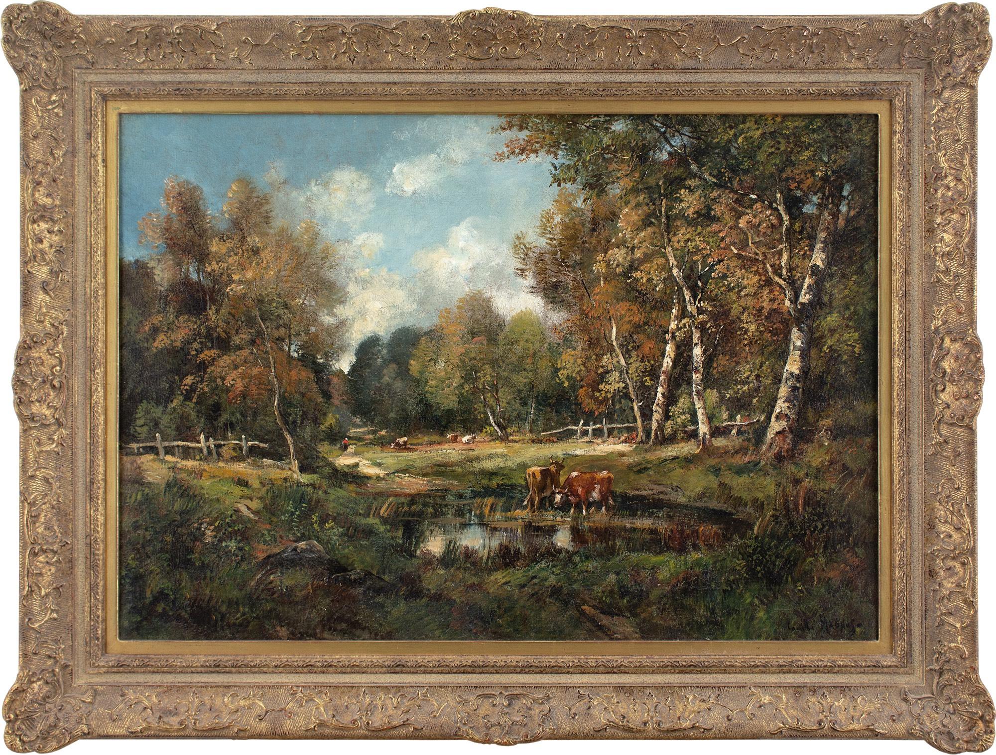 Camille MAGNUS Animal Painting - Camille Magnus, Forest Landscape With Cattle, Oil Painting 