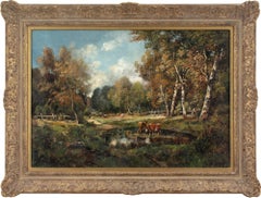 Antique Camille Magnus, Forest Landscape With Cattle, Oil Painting 