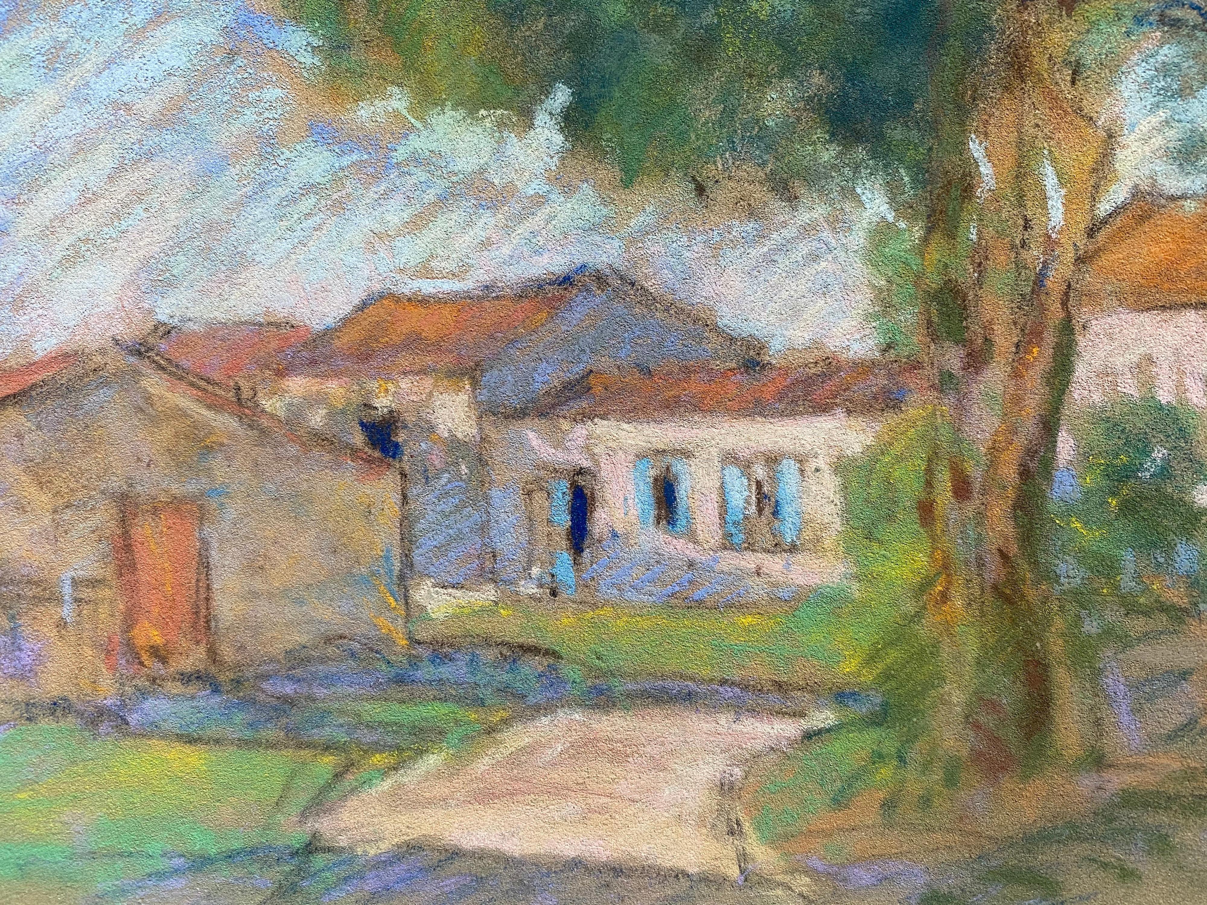 Camille Meriot, 1940's French Impressionist Pastel Country House & Buildings For Sale 1