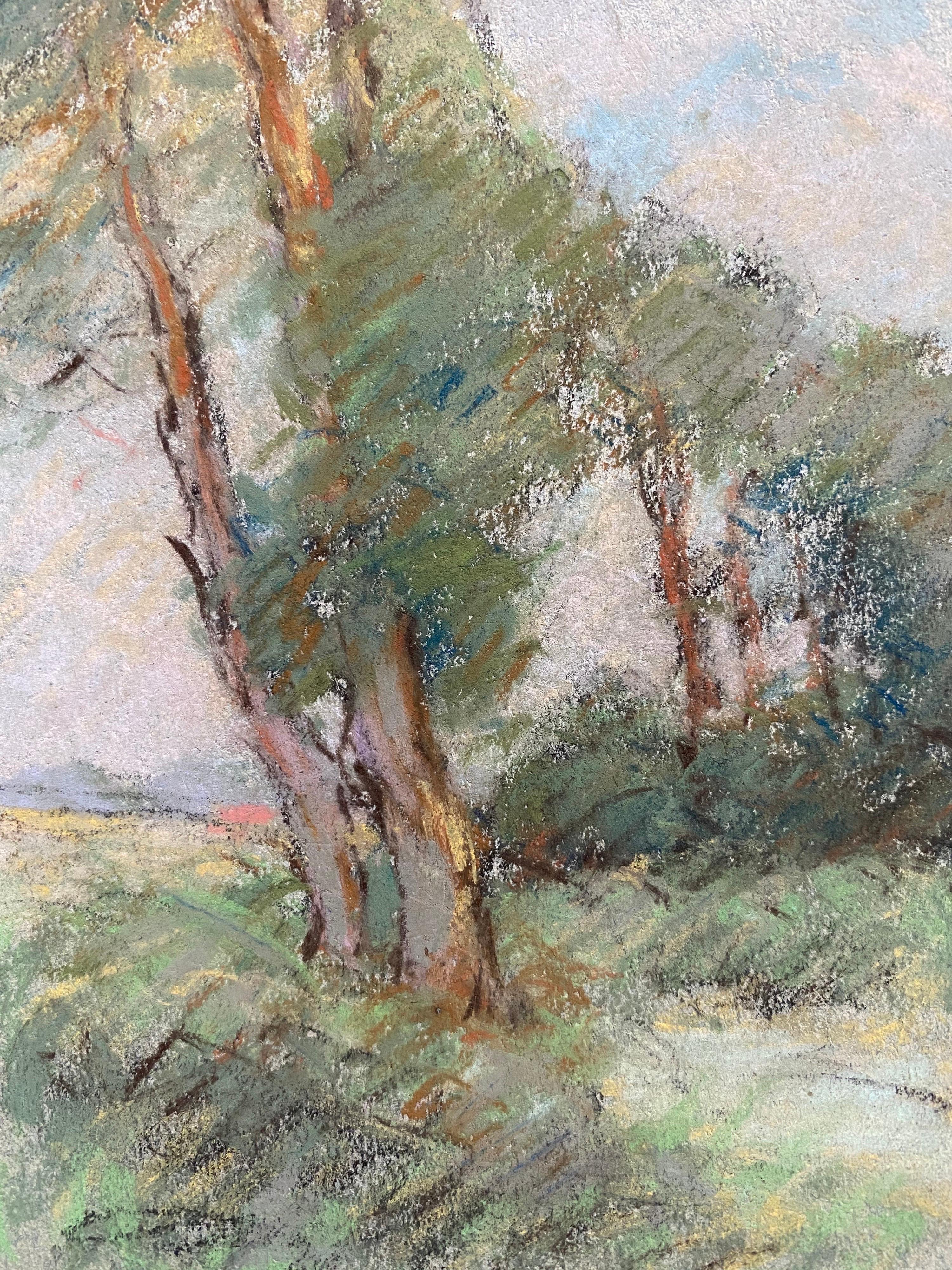 20th Century Camille Meriot French Impressionist Pastel Countryside Wispy Trees in Lane For Sale