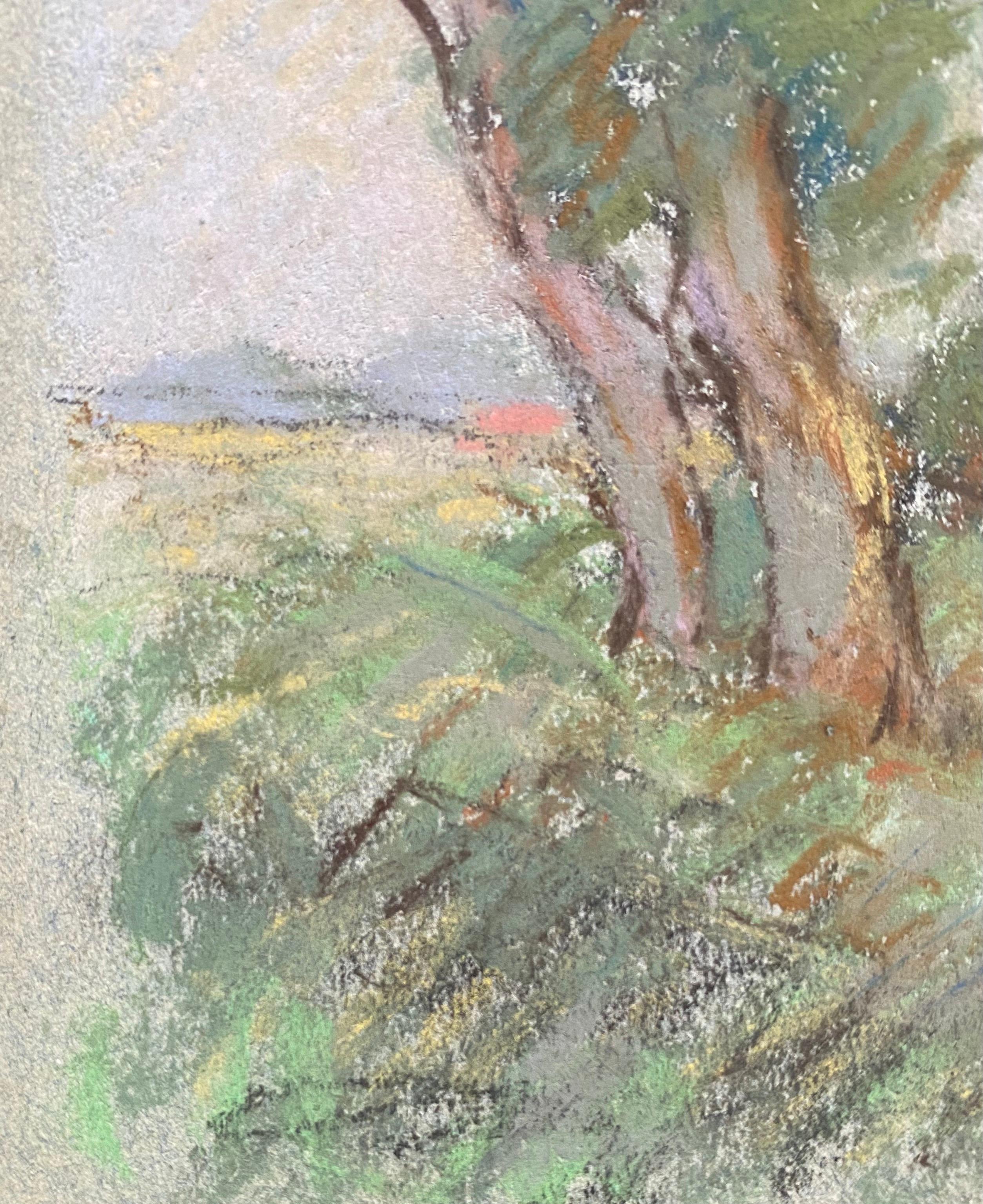 Camille Meriot French Impressionist Pastel Countryside Wispy Trees in Lane For Sale 1