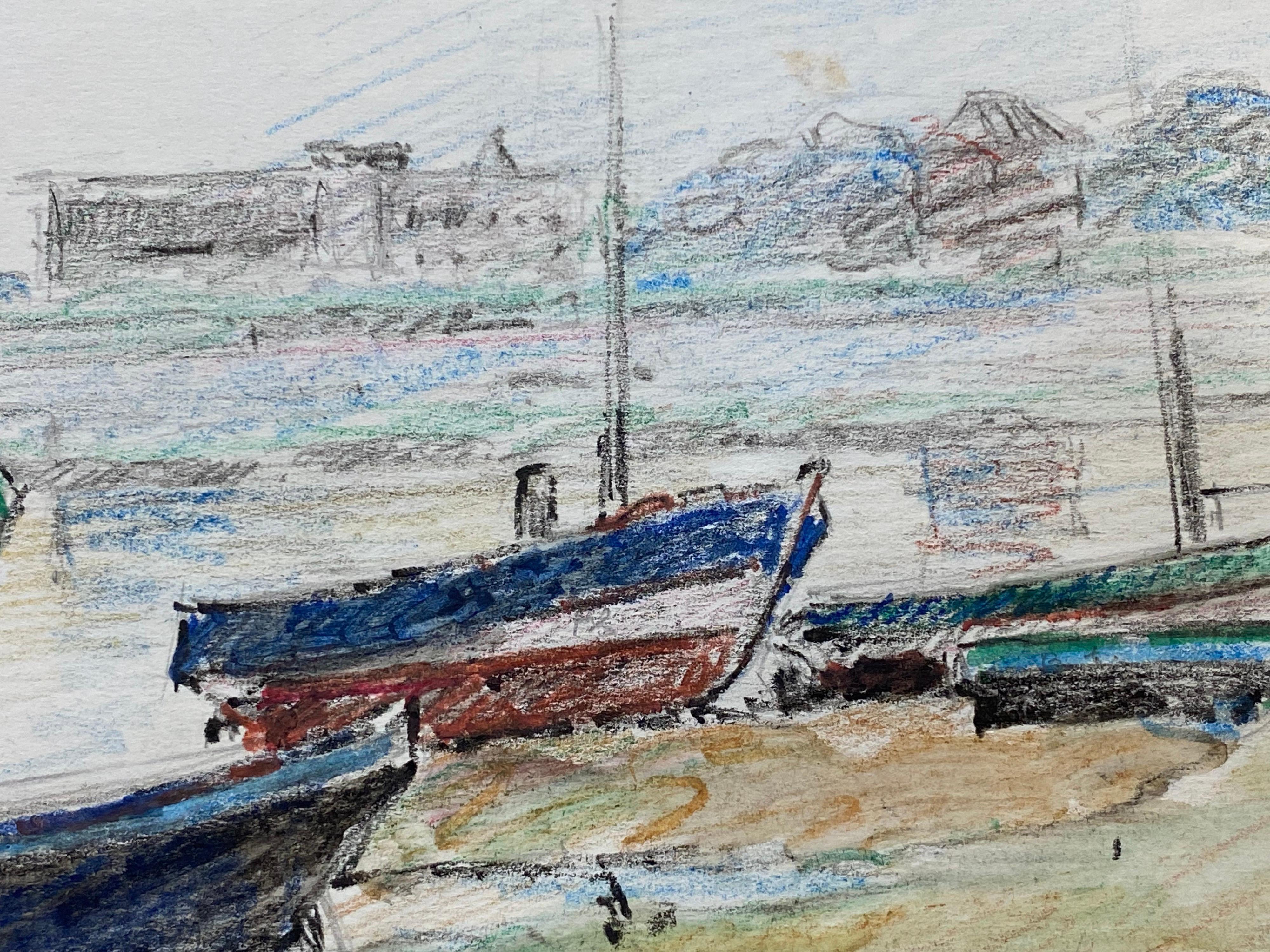 Camille Meriot French Signed Impressionist Crayon Drawing, Atmospheric Boats In Good Condition For Sale In Cirencester, GB