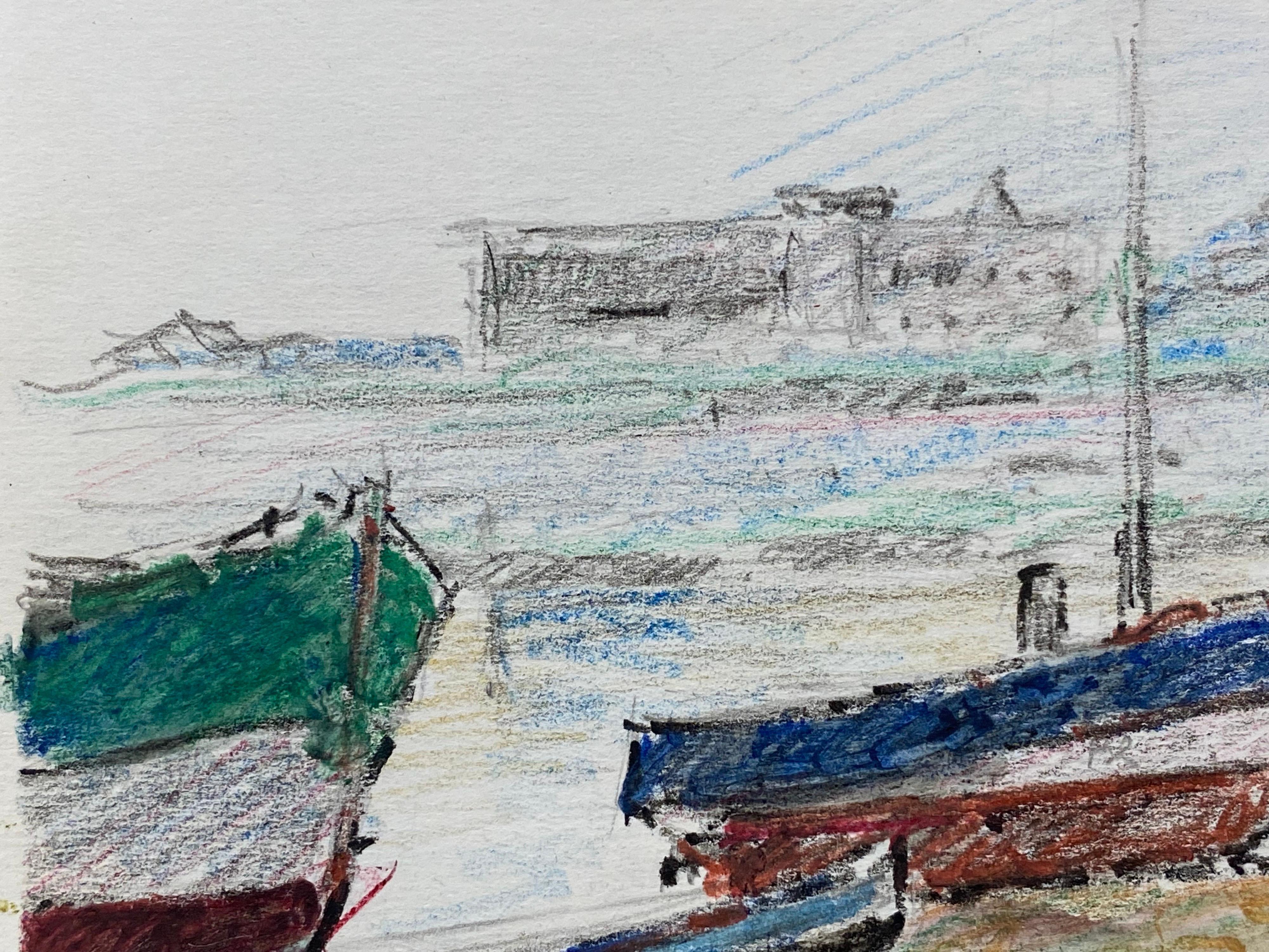 20th Century Camille Meriot French Signed Impressionist Crayon Drawing, Atmospheric Boats For Sale
