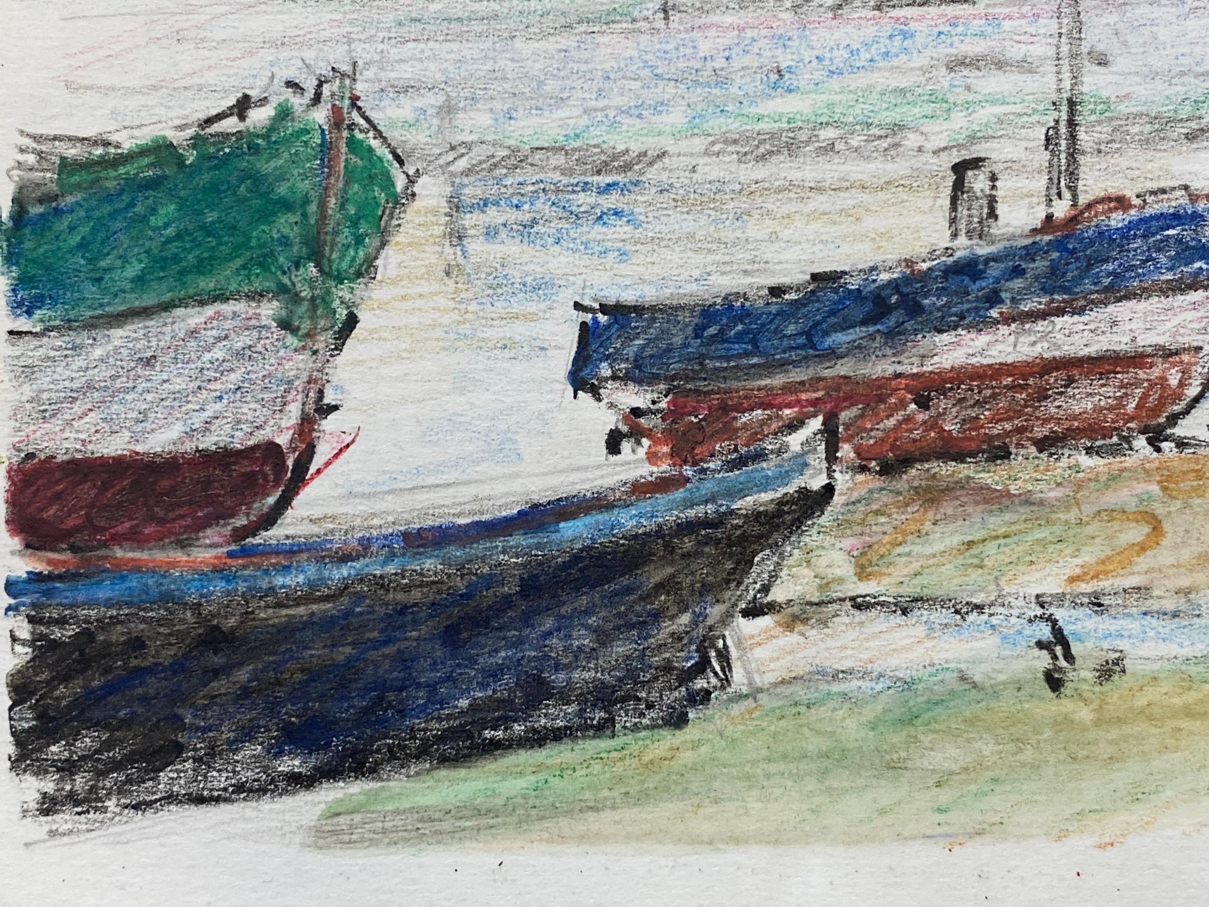 Other Camille Meriot French Signed Impressionist Crayon Drawing, Atmospheric Boats For Sale