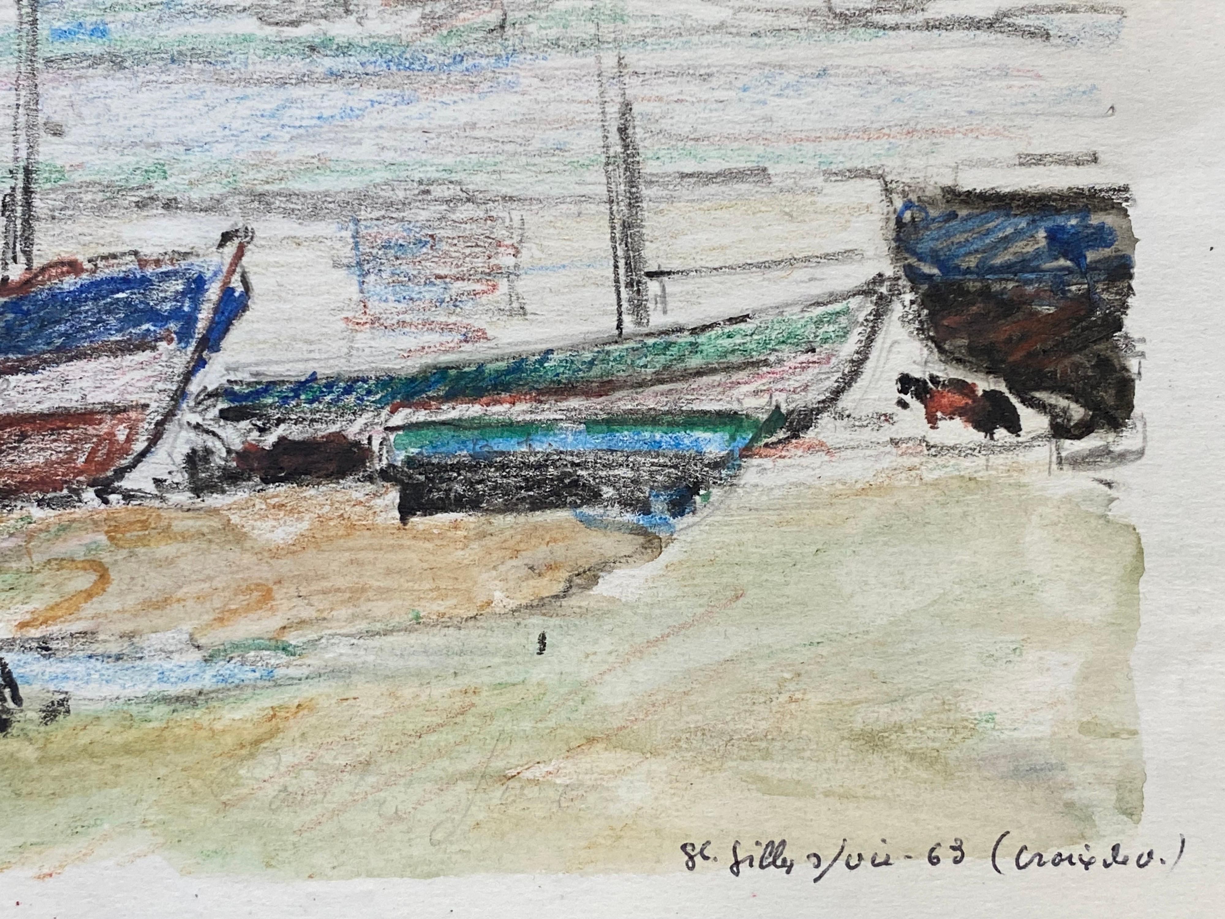 Camille Meriot French Signed Impressionist Crayon Drawing, Atmospheric Boats For Sale 1