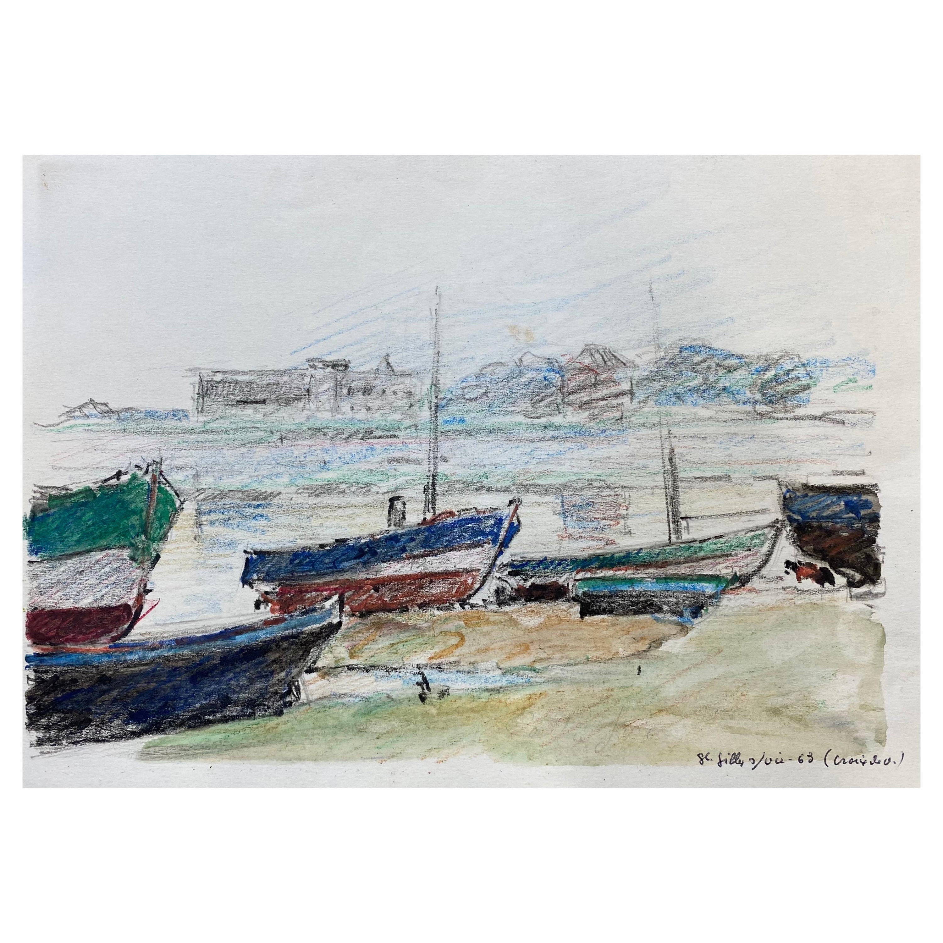 Französische signierte impressionistische Kreidezeichnung, atmosphärische Boote von Camille Meriot
