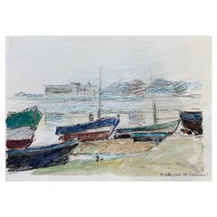 Französische signierte impressionistische Kreidezeichnung, atmosphärische Boote von Camille Meriot