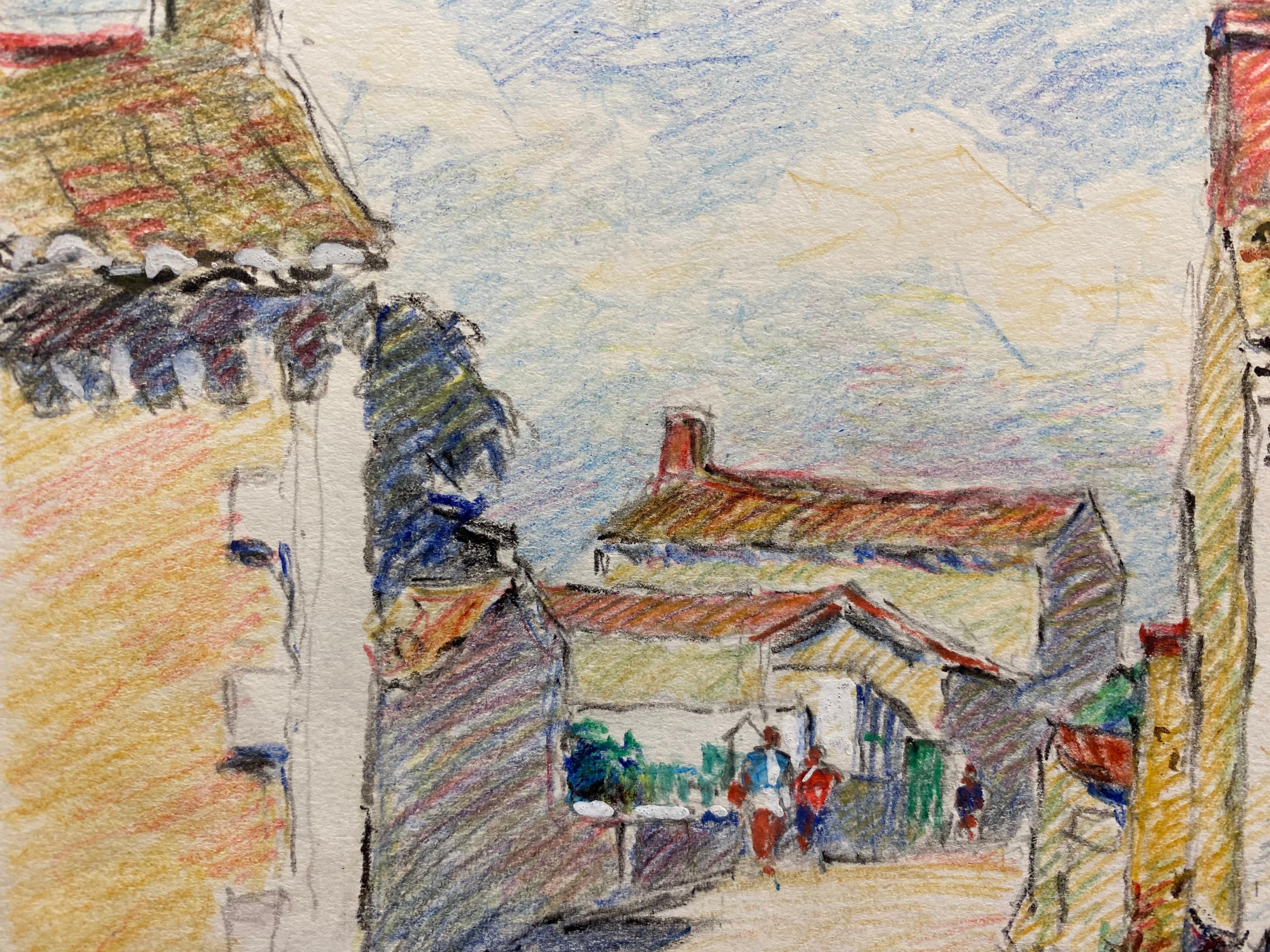 20th Century Camille Meriot French Signed Impressionist Crayon Drawing Brittany Village For Sale