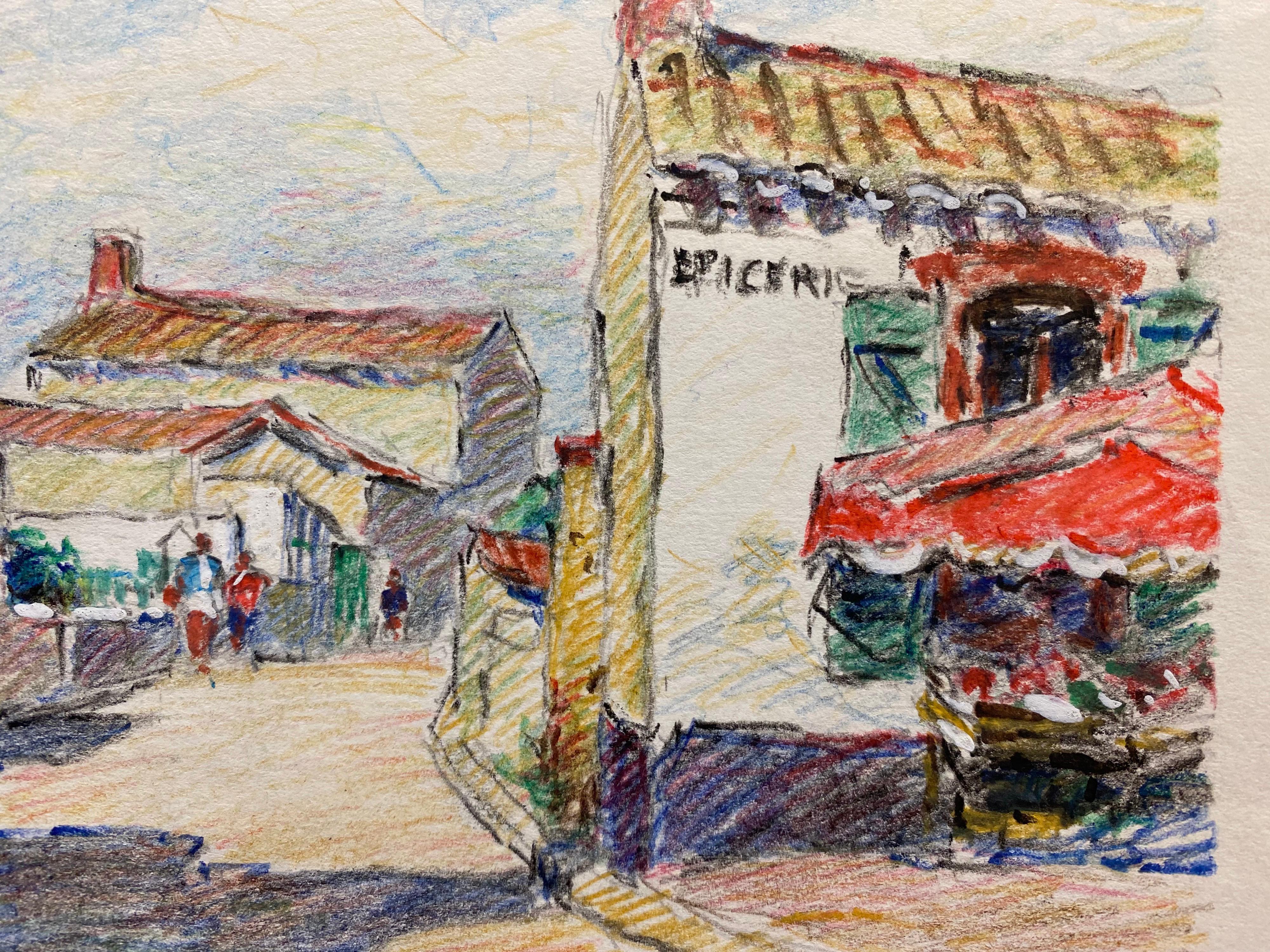 Camille Meriot French Signed Impressionist Crayon Drawing Brittany Village For Sale 1