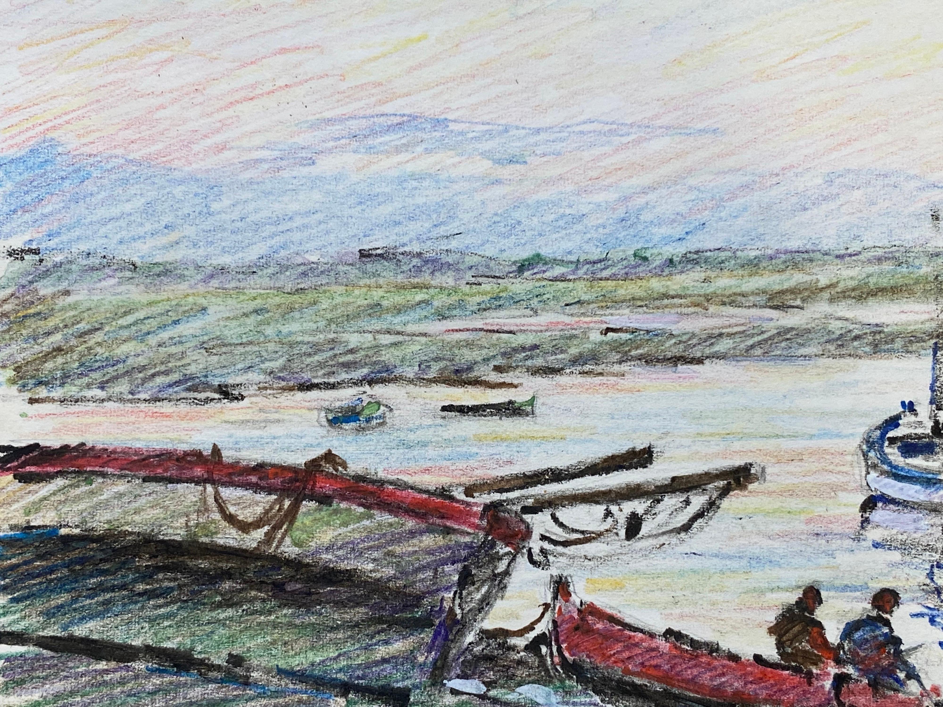 Camille Meriot Dibujo impresionista a lápiz firmado en francés, Junto al puerto en Excelente estado para la venta en Cirencester, GB