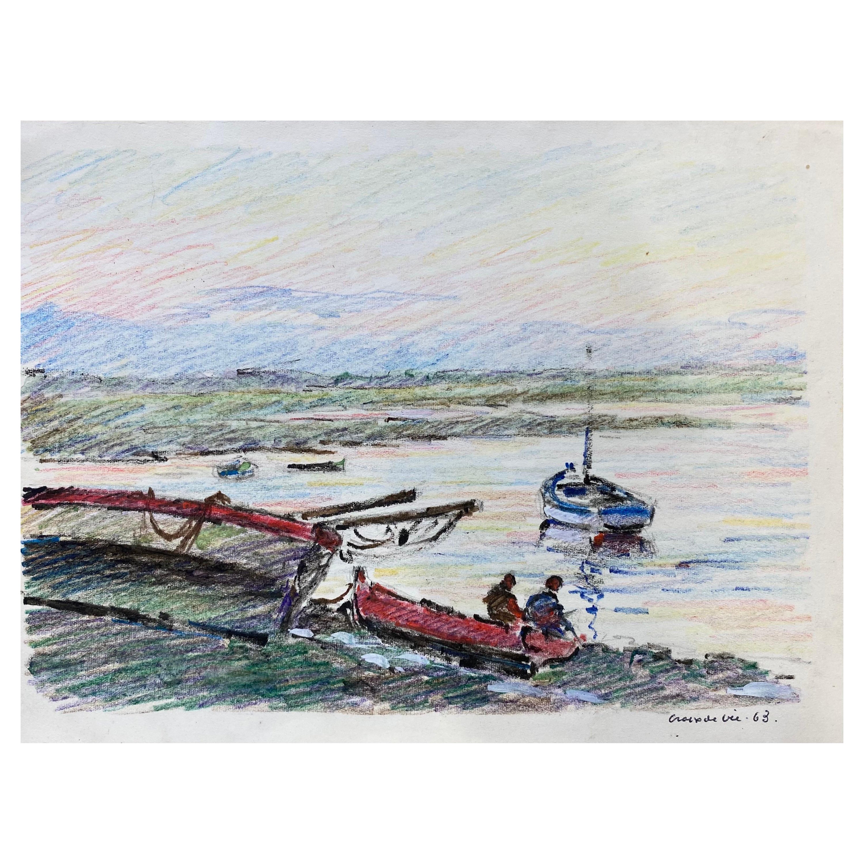 Französische signierte impressionistische Kreidezeichnung von Camille Meriot, von The Harbour